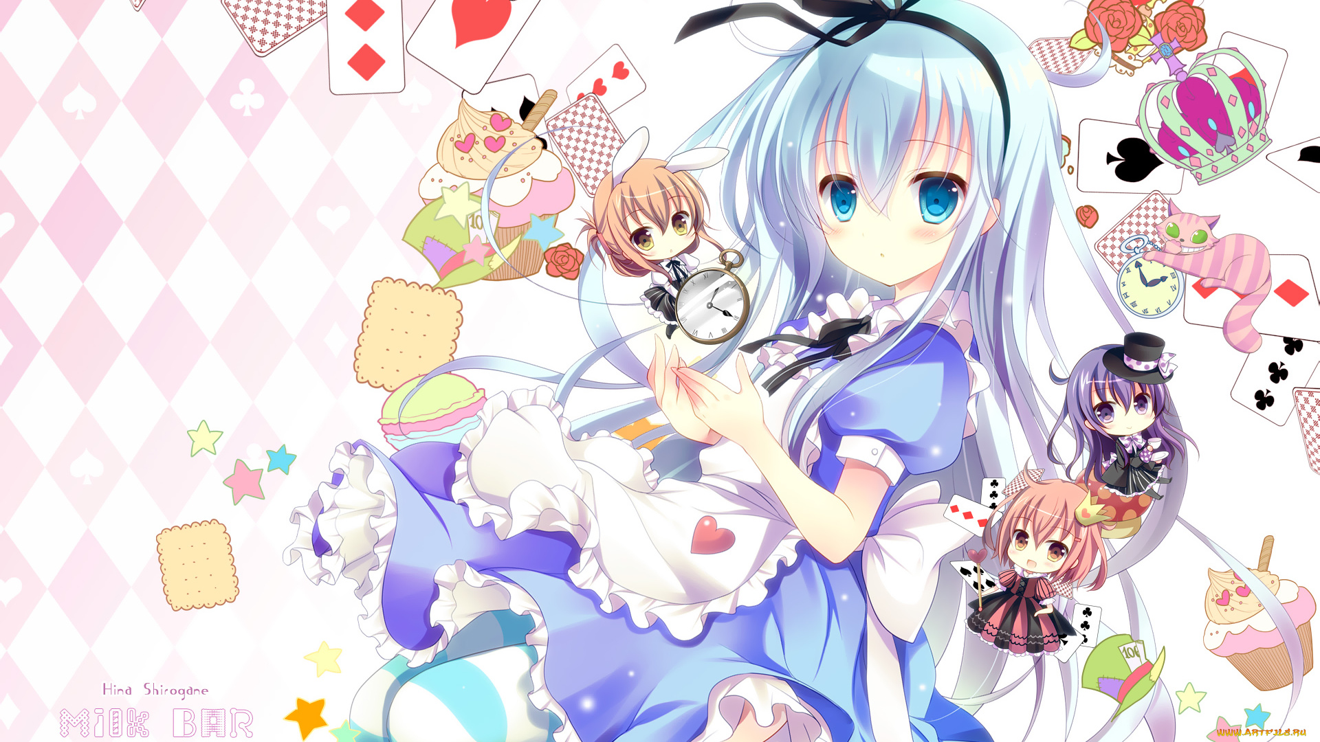 аниме, kantai, collection, девочки, inazuma, akatsuki, ikazuchi, hibiki, kancolle, kantai, collection, shirogane, hina, пироженки, часы, alice, in, wonderland