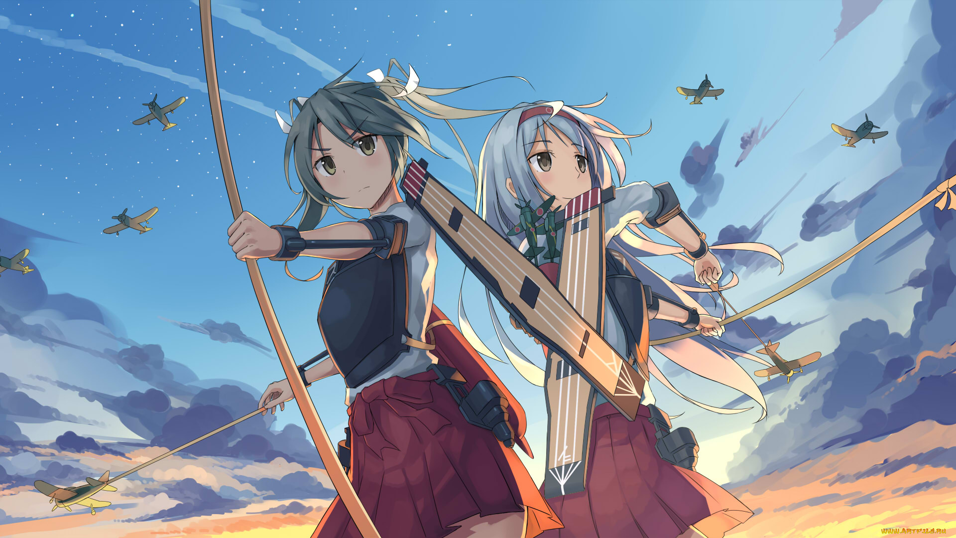аниме, kantai, collection, kancolle, kantai, collection, самолёты, небо, арт, девушки, zuikaku, shoukaku, cchhii3, стрелы, оружие, луки