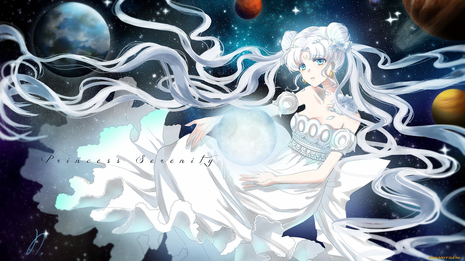 аниме, sailor, moon, princess, serenity, космос, планеты, девушка, платье, бани