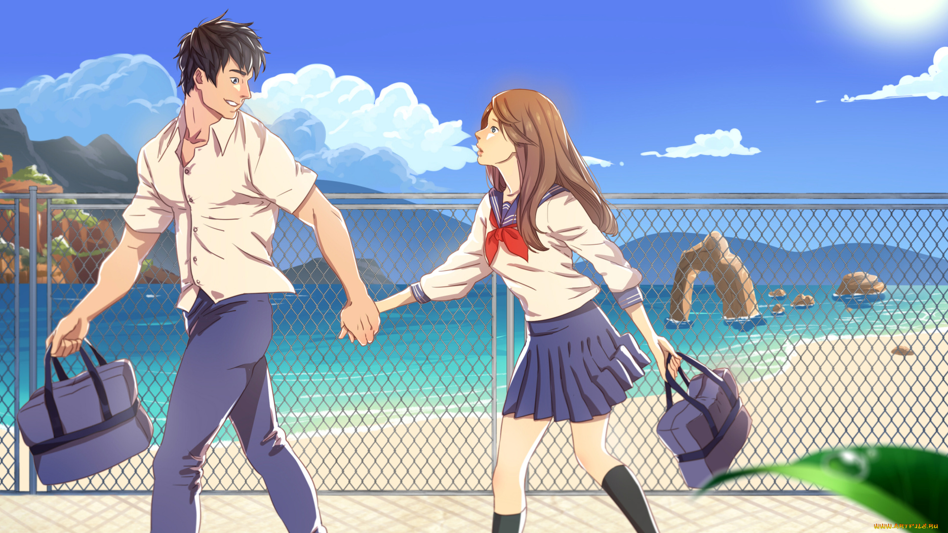 аниме, unknown, , другое, девушка, парень, небо, пляж, настроение, море, скалы, горы, облака, вода, арт