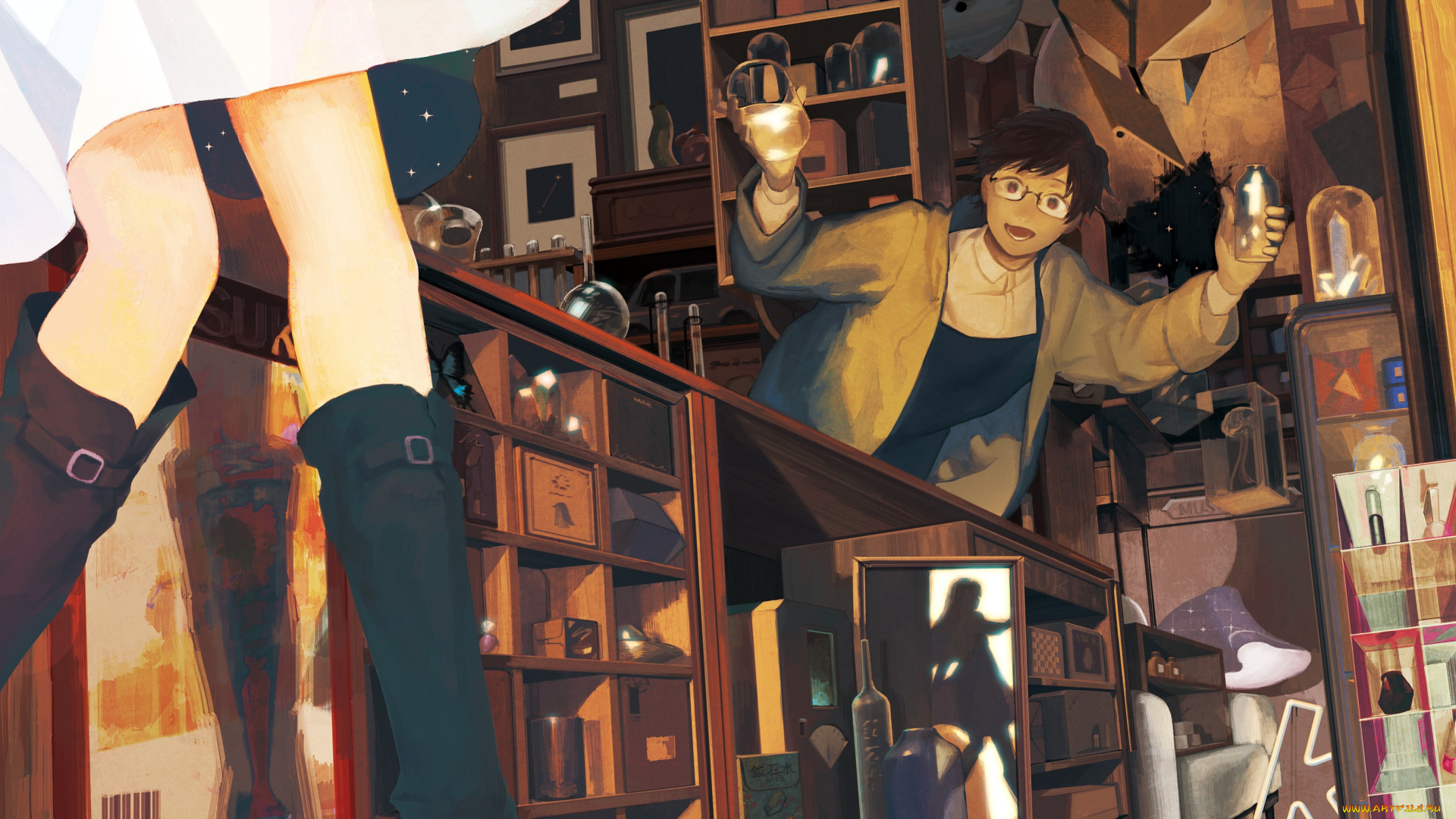 аниме, unknown, , другое, жидкости, ноги, девушка, лаборатория, силуэт, колбы, парень, арт, zipperradio