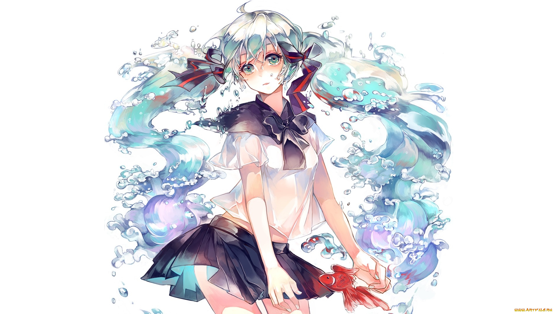 аниме, vocaloid, bottle, miku, рыбки, девушка, вода, фон, hatsune