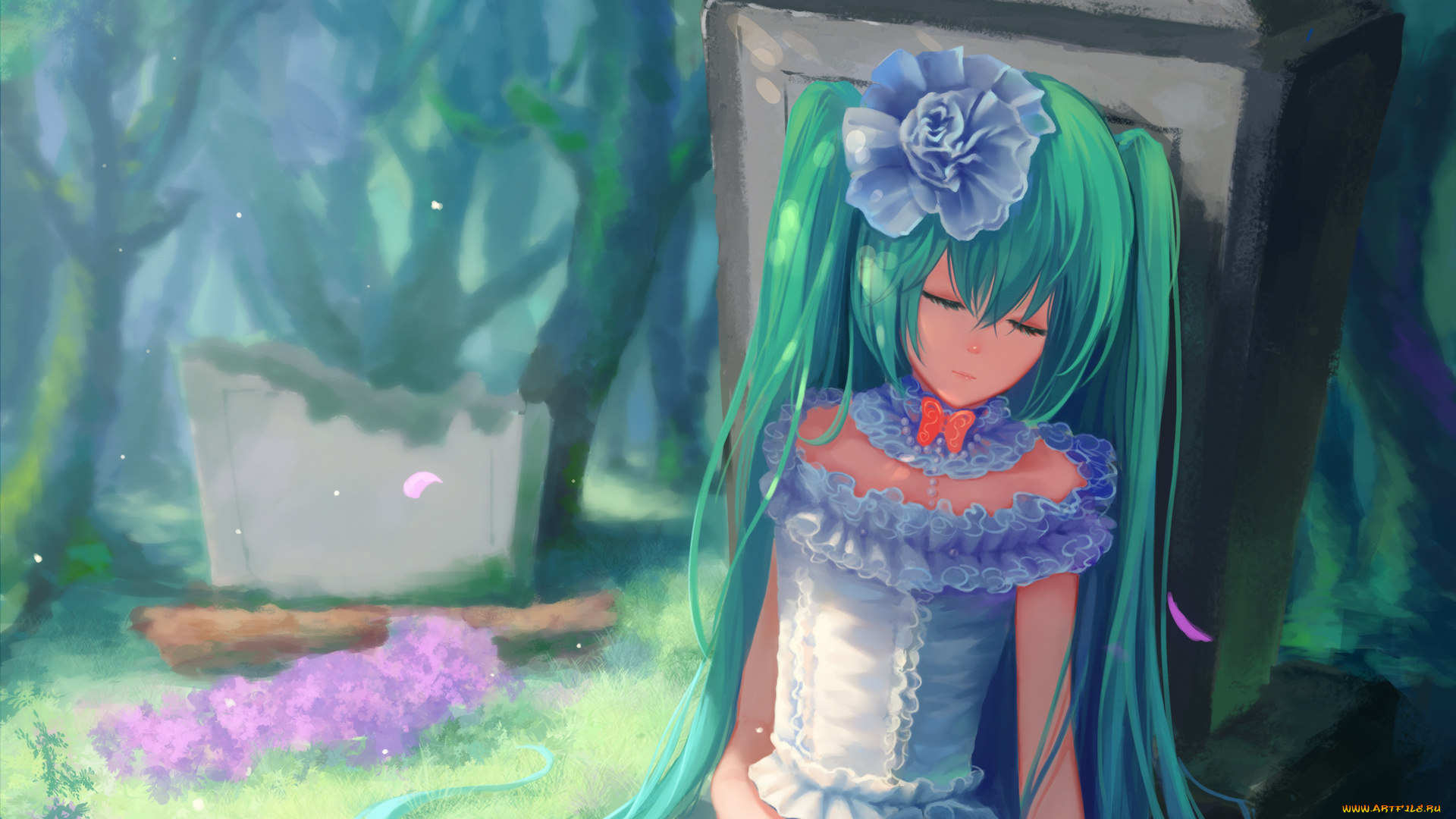 аниме, vocaloid, девушка, арт, цветы, hatsune, miku, sombernight