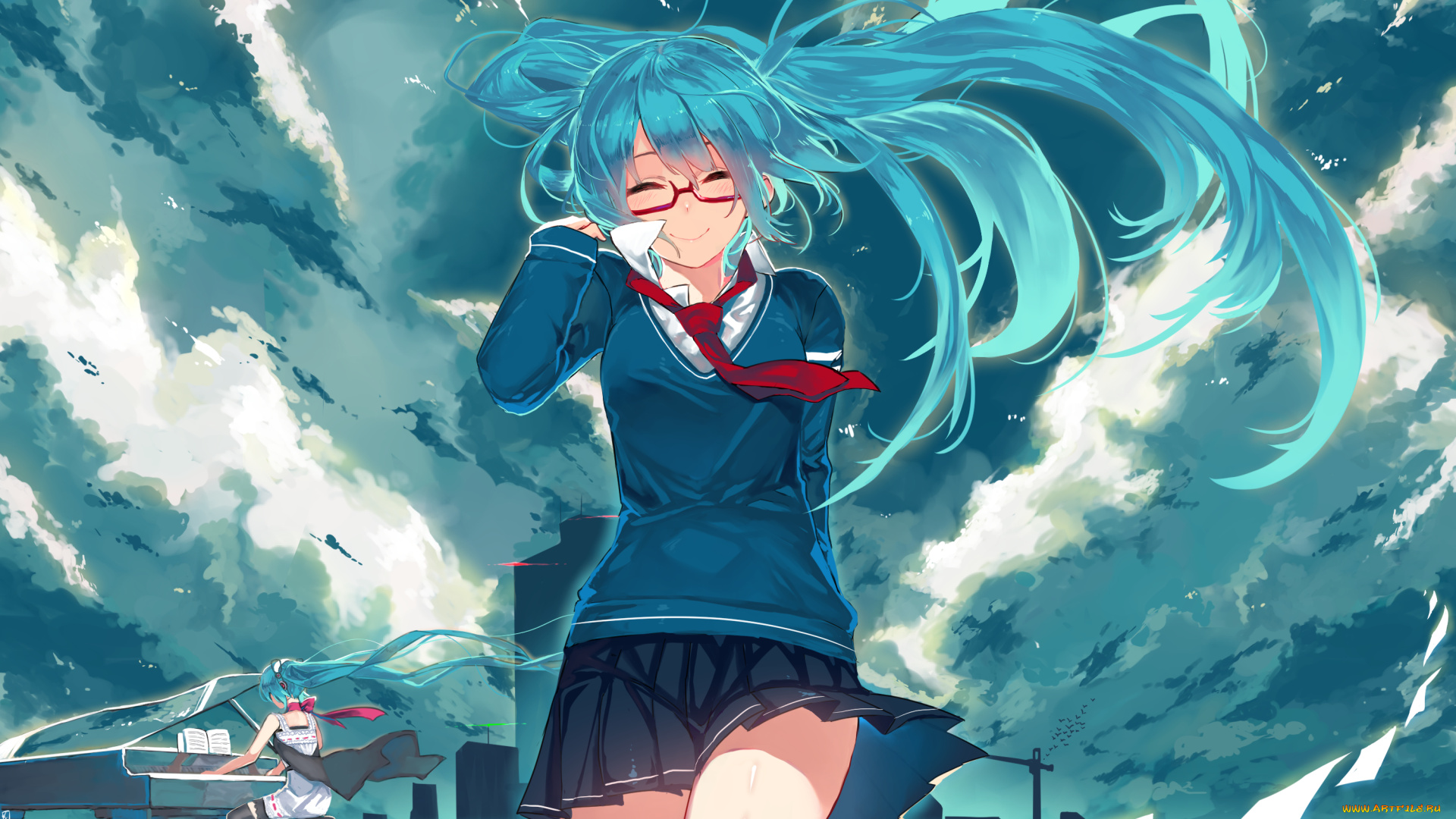 аниме, vocaloid, девушка, облака, арт, junp, hatsune, miku