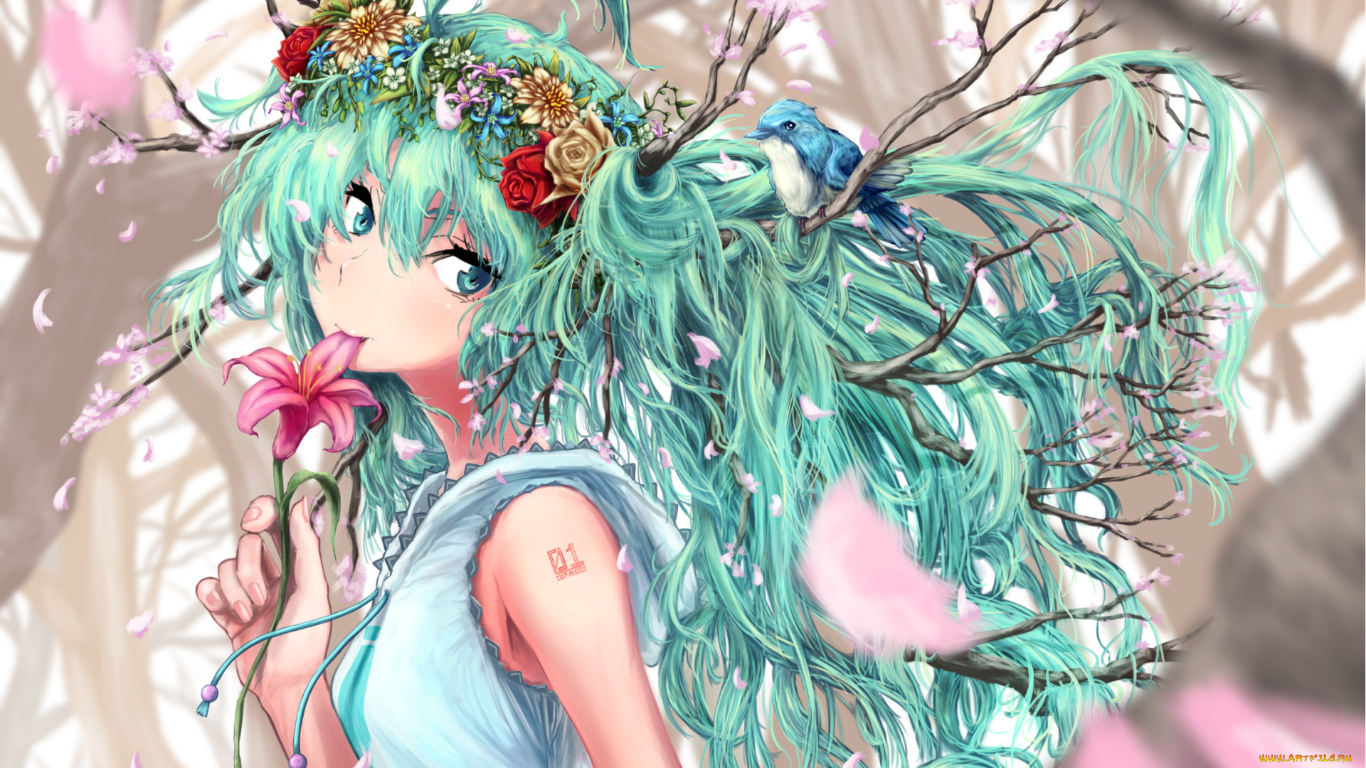 аниме, vocaloid, hatsune, miku, птица, волосы, ветки, jino454649boy, арт, девушка, цветы