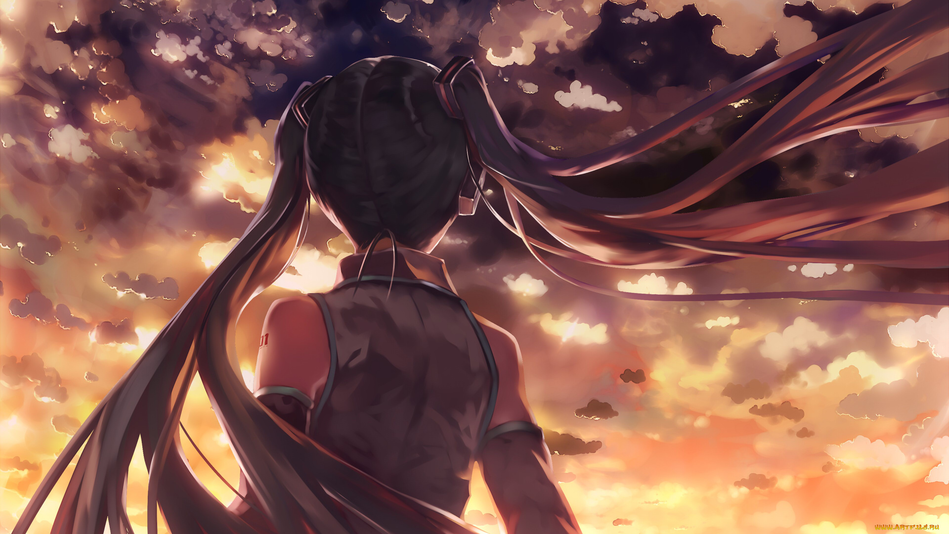 аниме, vocaloid, hatsune, miku, волосы, закат, небо, bob, biyonbiyon, арт, девушка, облака