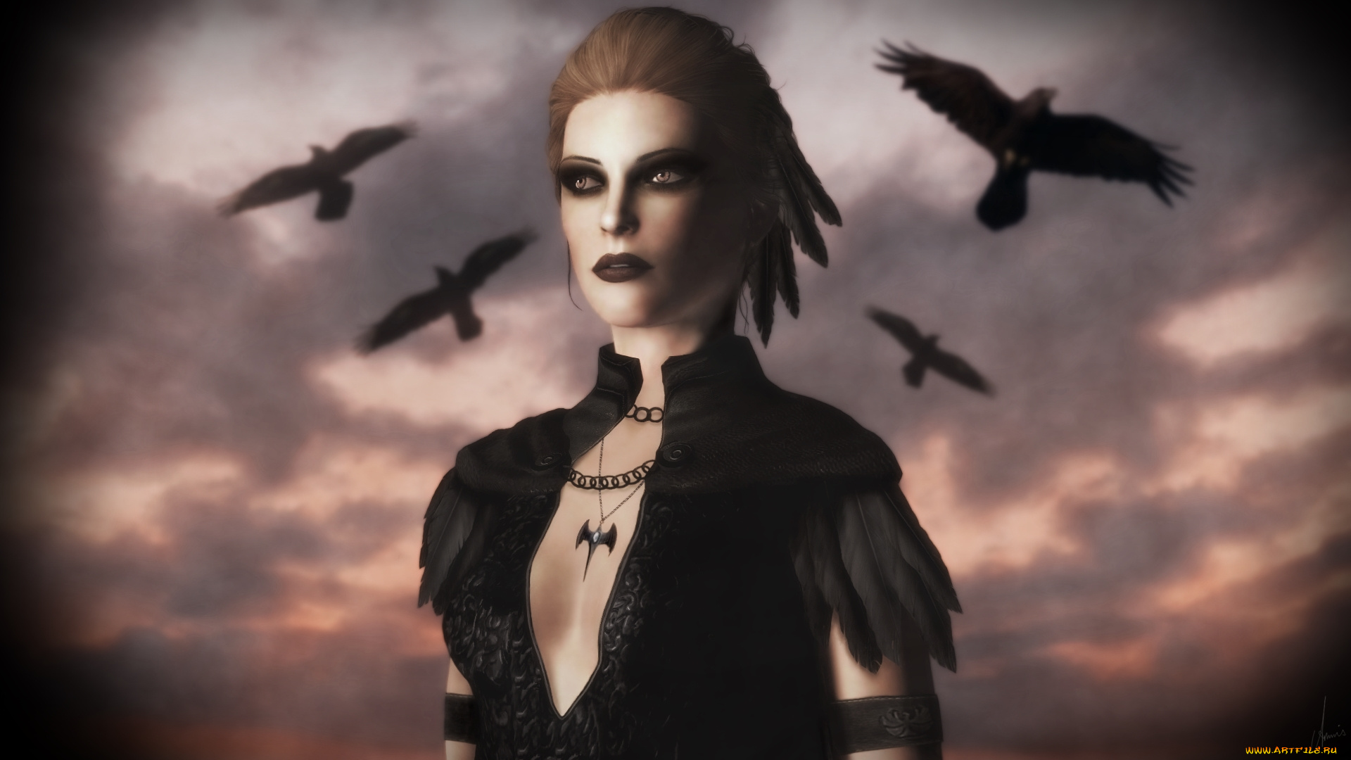 tes, iv, , путь, судьбы, vl, 3д, графика, фантазия, , fantasy, девушка, взгляд, фон, вороны