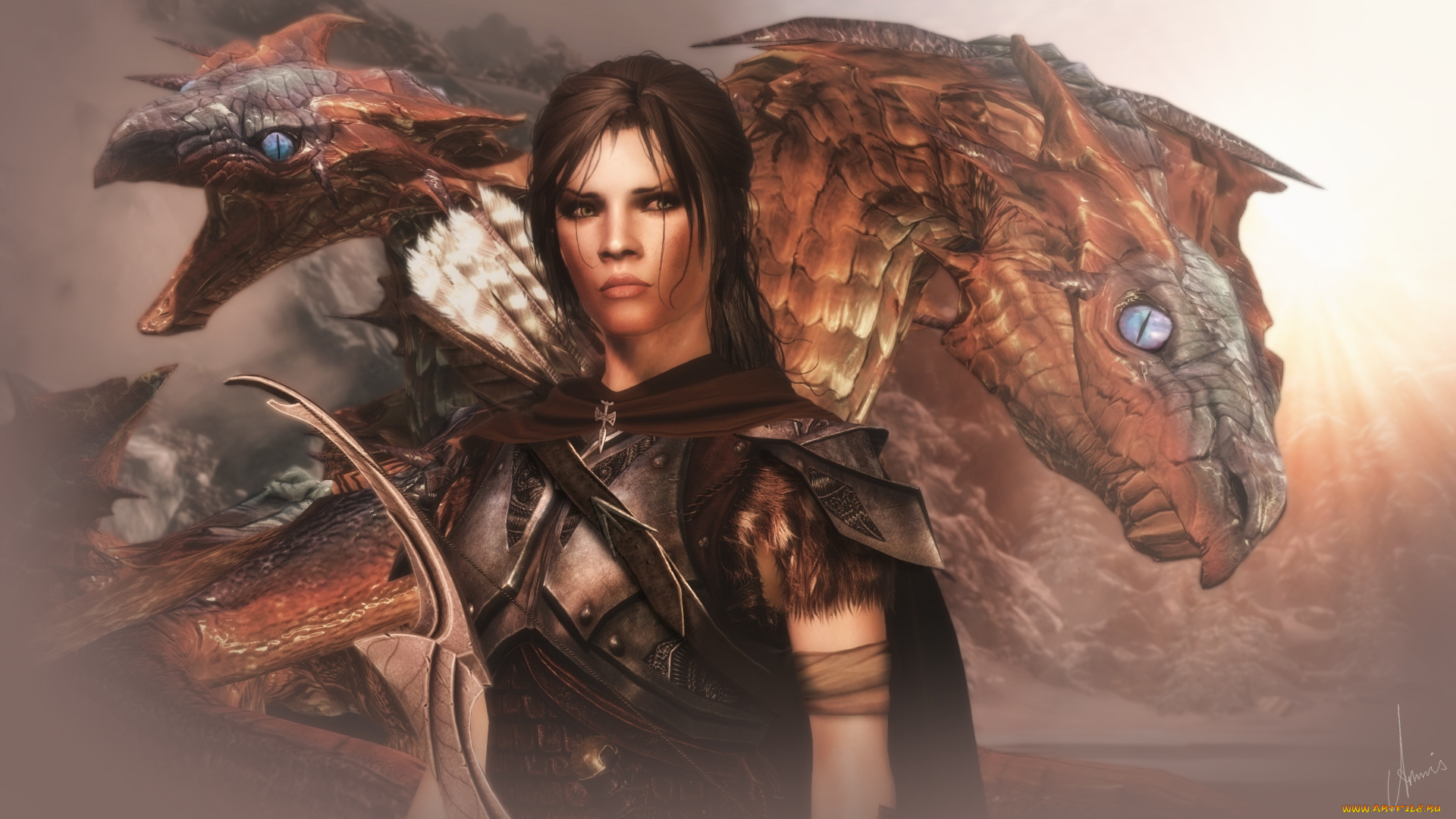 tes, iv, , путь, судьбы, vl, 3д, графика, фантазия, , fantasy, девушка, взгляд, фон, драконы