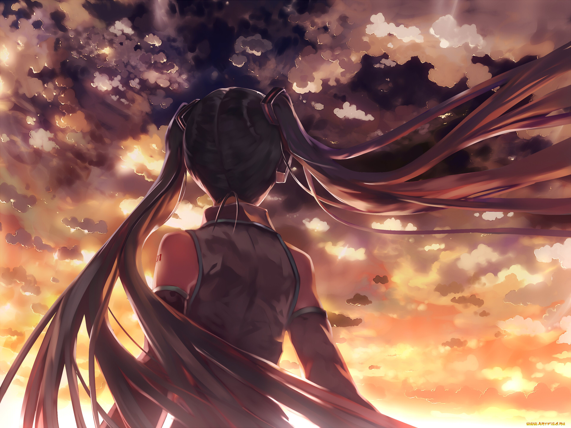 аниме, vocaloid, hatsune, miku, волосы, закат, небо, bob, biyonbiyon, арт, девушка, облака