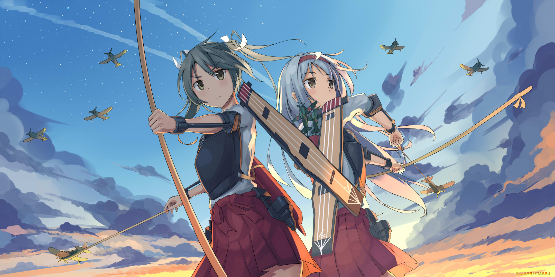 аниме, kantai, collection, kancolle, kantai, collection, самолёты, небо, арт, девушки, zuikaku, shoukaku, cchhii3, стрелы, оружие, луки