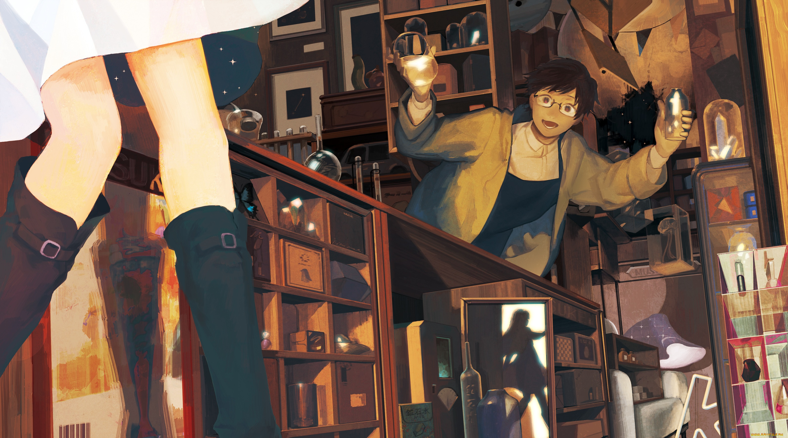 аниме, unknown, , другое, жидкости, ноги, девушка, лаборатория, силуэт, колбы, парень, арт, zipperradio