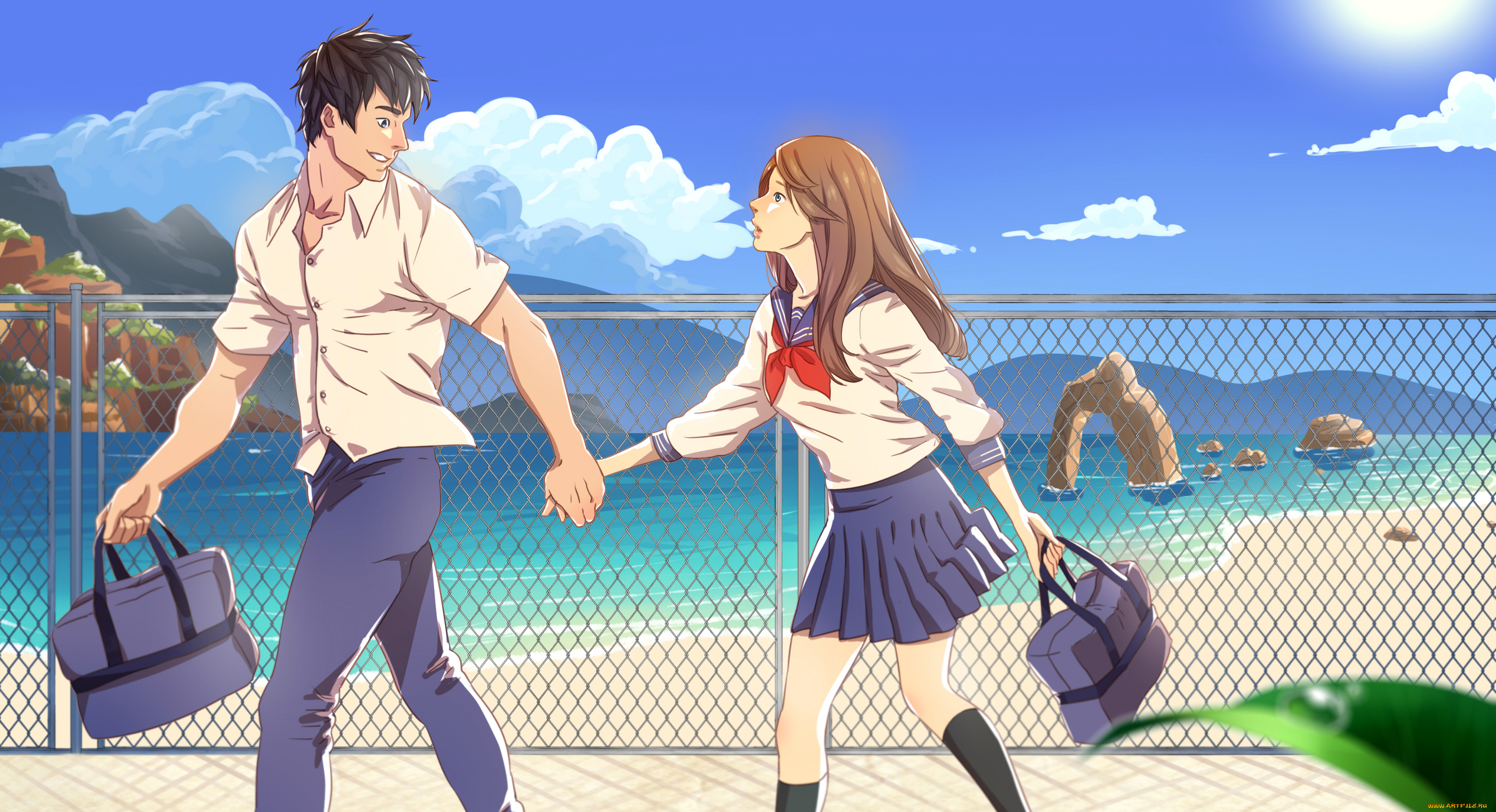 аниме, unknown, , другое, девушка, парень, небо, пляж, настроение, море, скалы, горы, облака, вода, арт