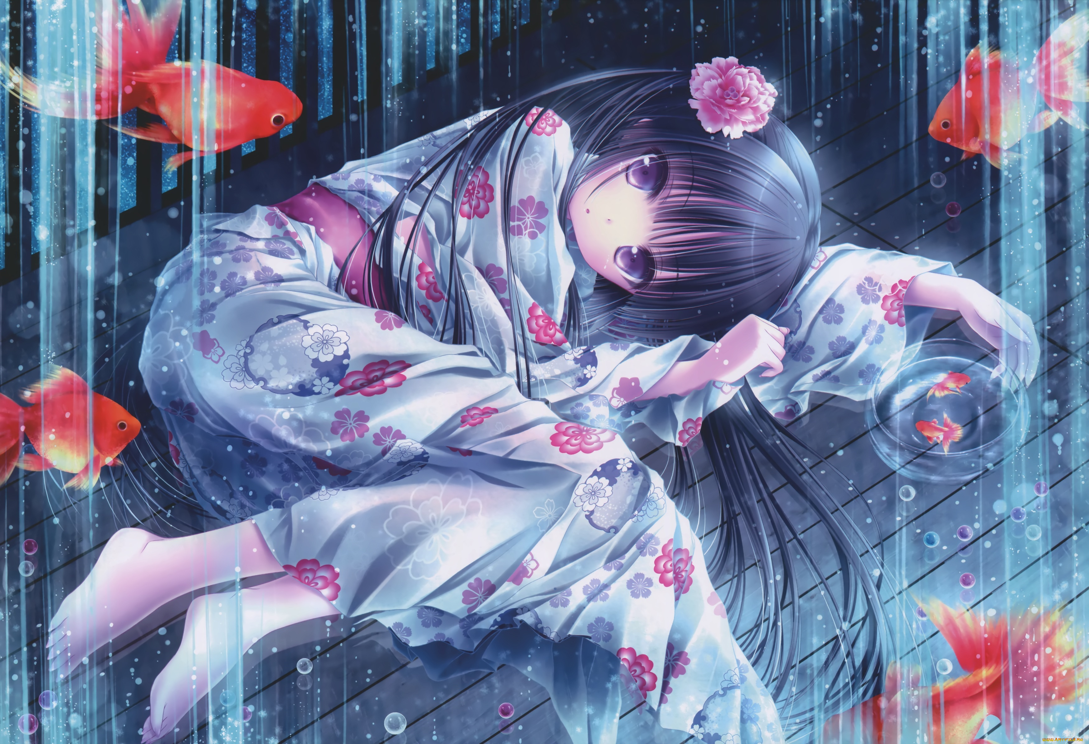 аниме, tinkle, , artbook, юката, рыбки, платье, арт, девушка, tinkle