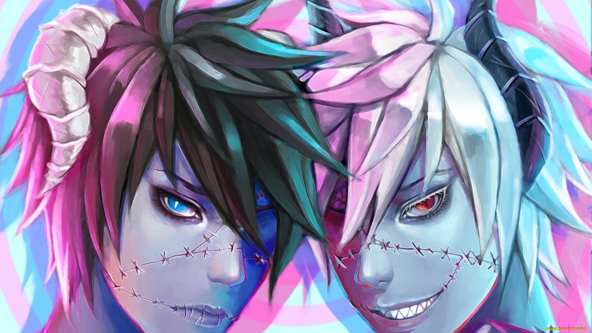 аниме, ангелы, , демоны, рога, парни, арт