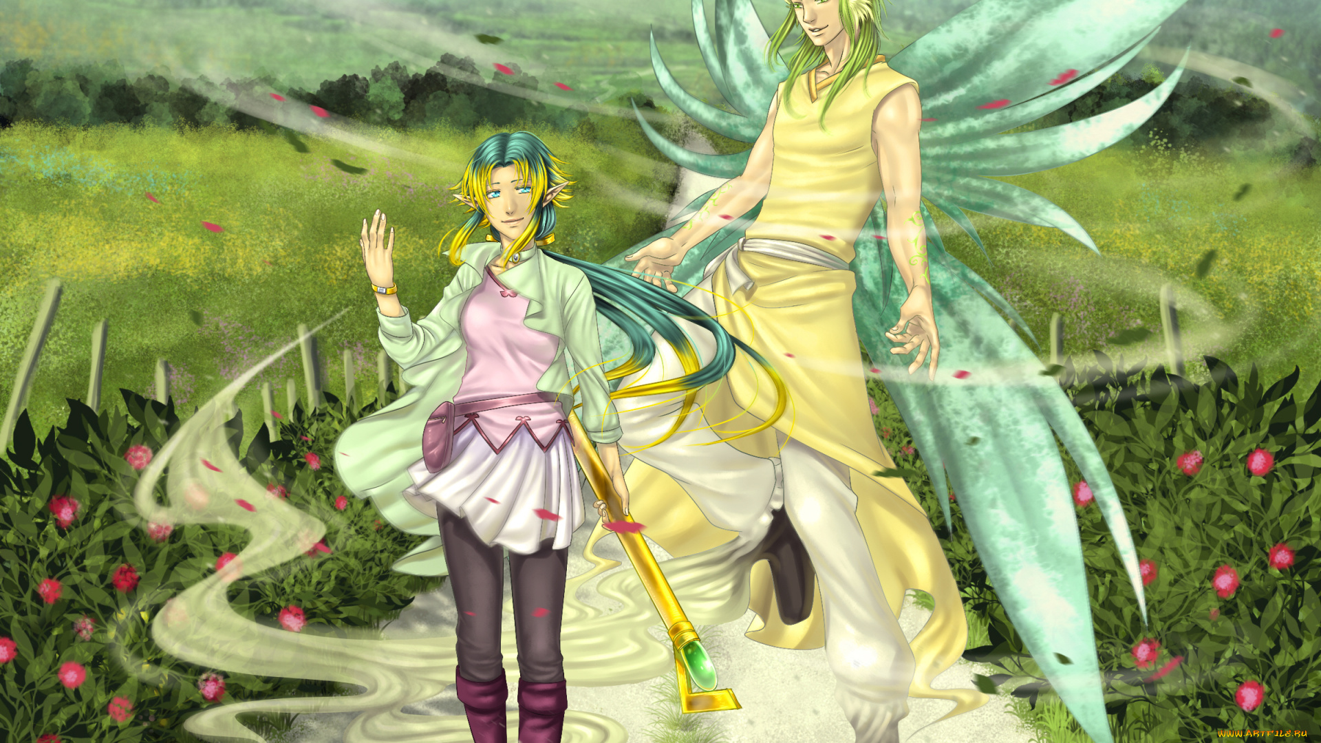 аниме, животные, , существа, парень, арт, эльфы, девушка