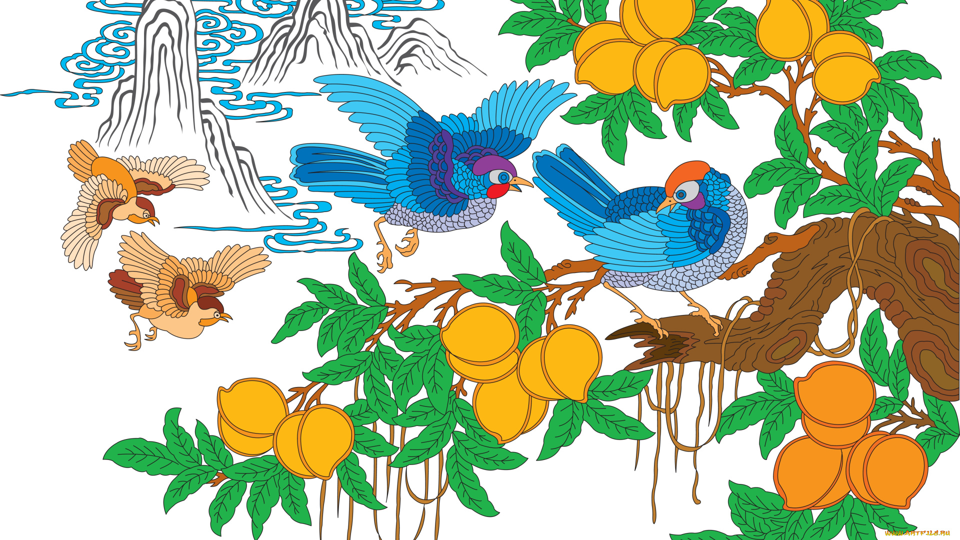 векторная, графика, птицы, , птицы, плоды, ветка