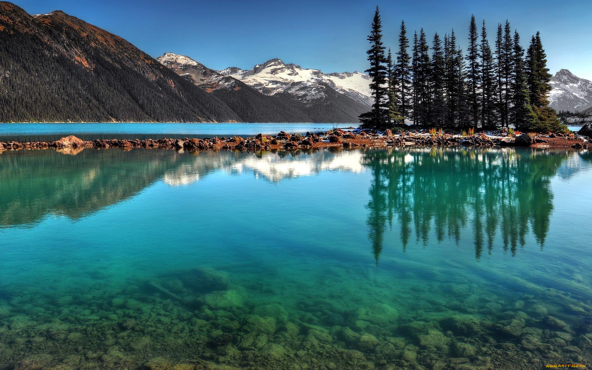 природа, реки, озера, снег, горы, остров, озеро, деревья