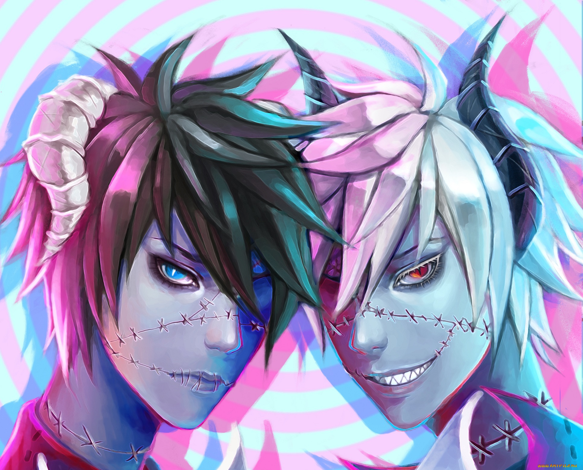 аниме, ангелы, , демоны, рога, парни, арт