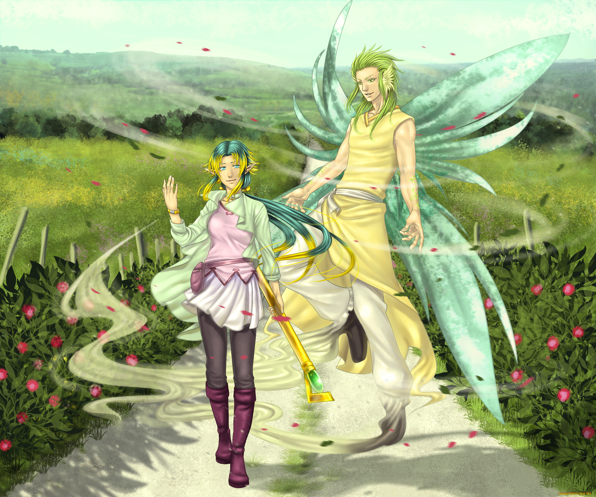 аниме, животные, , существа, парень, арт, эльфы, девушка