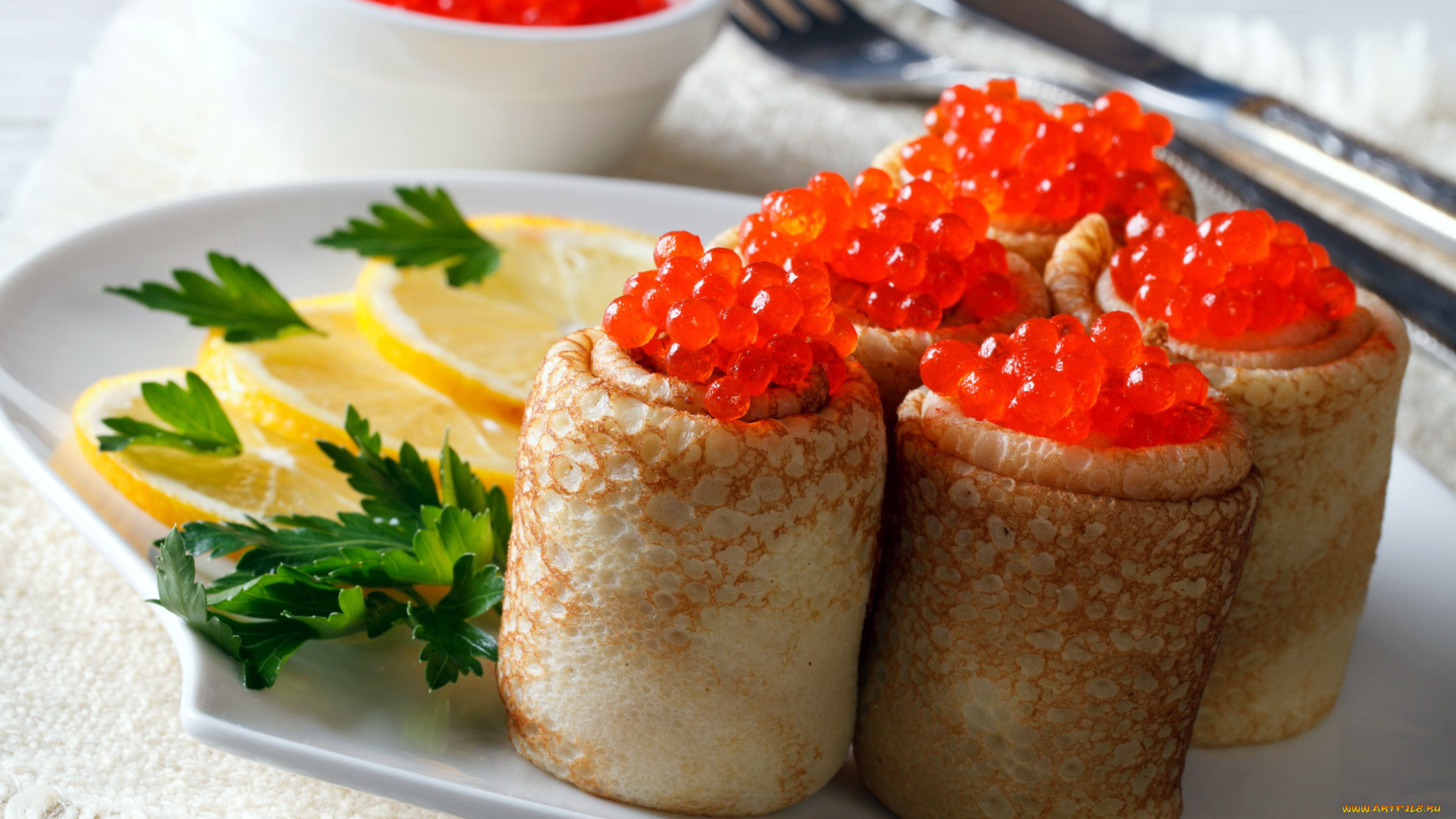 еда, блины, , оладьи, икра, лимон