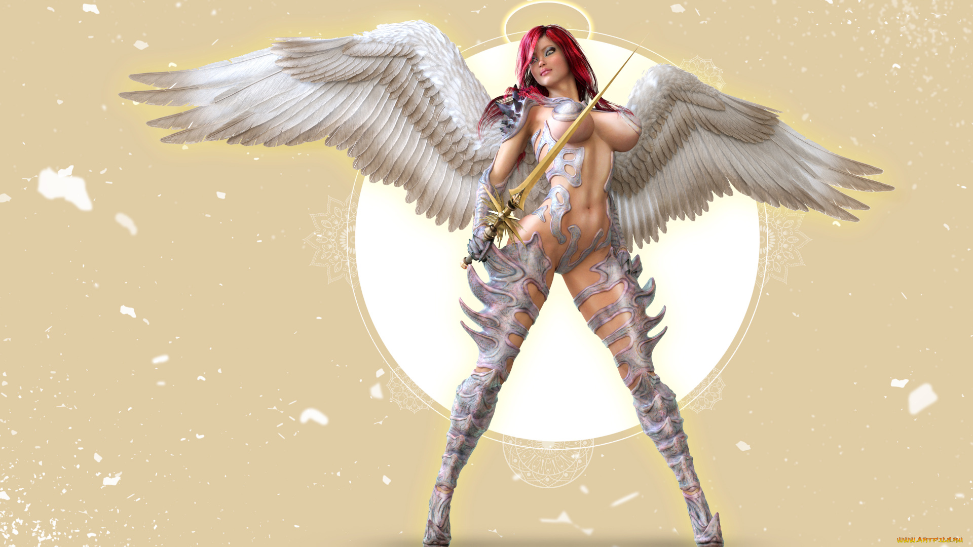 3д, графика, ангел, , angel, фон, девушка, меч, крылья, униформа