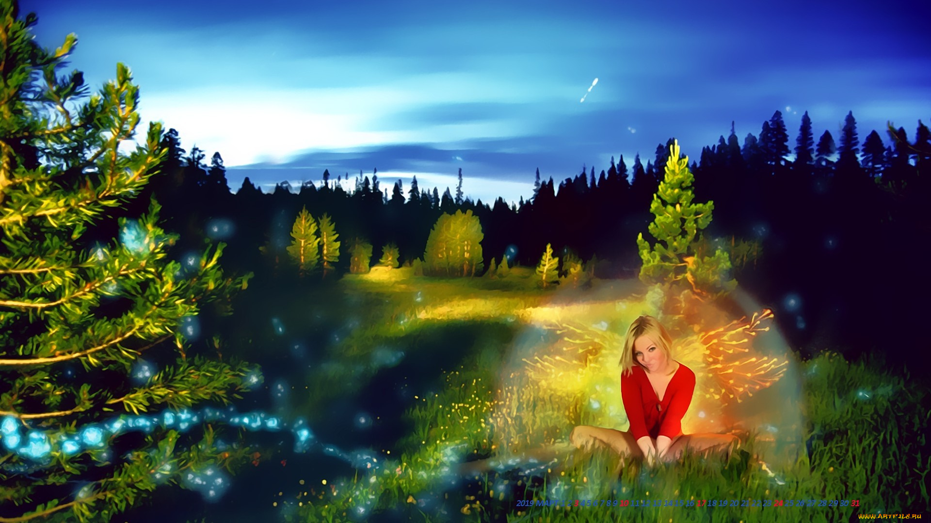 календари, фэнтези, девушка, фея, крылья, природа, деревья, ночь