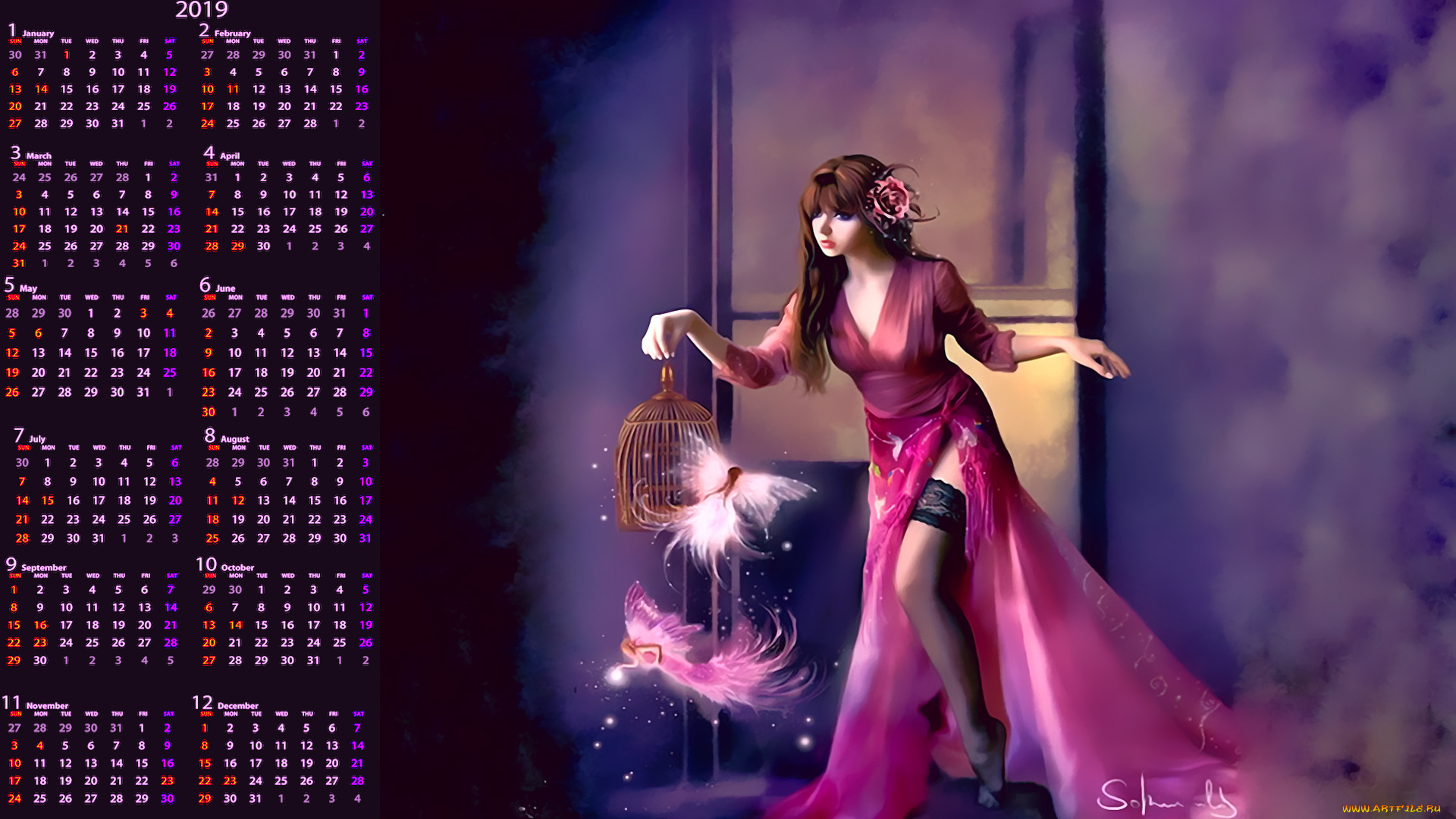 календари, фэнтези, девушка, клетка, фея