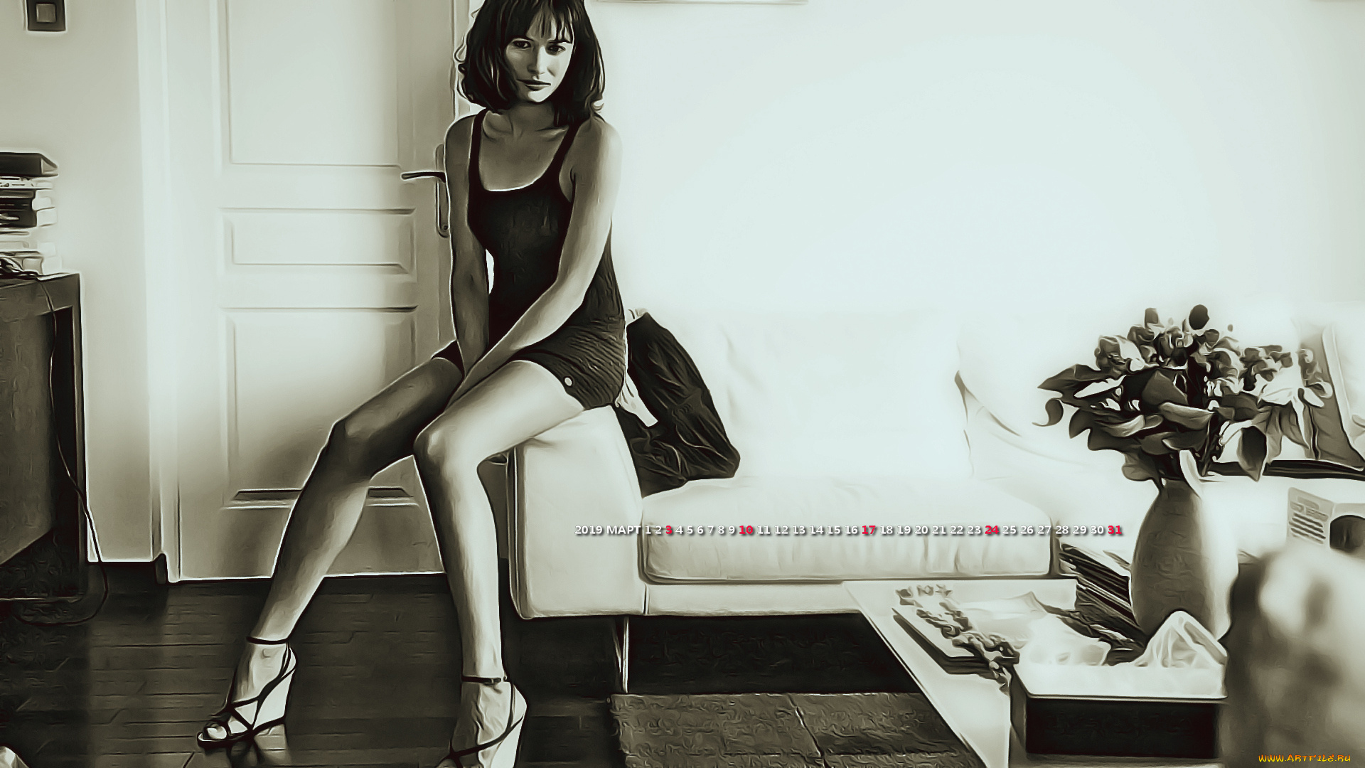 календари, компьютерный, дизайн, комната, женщина, диван, цветы