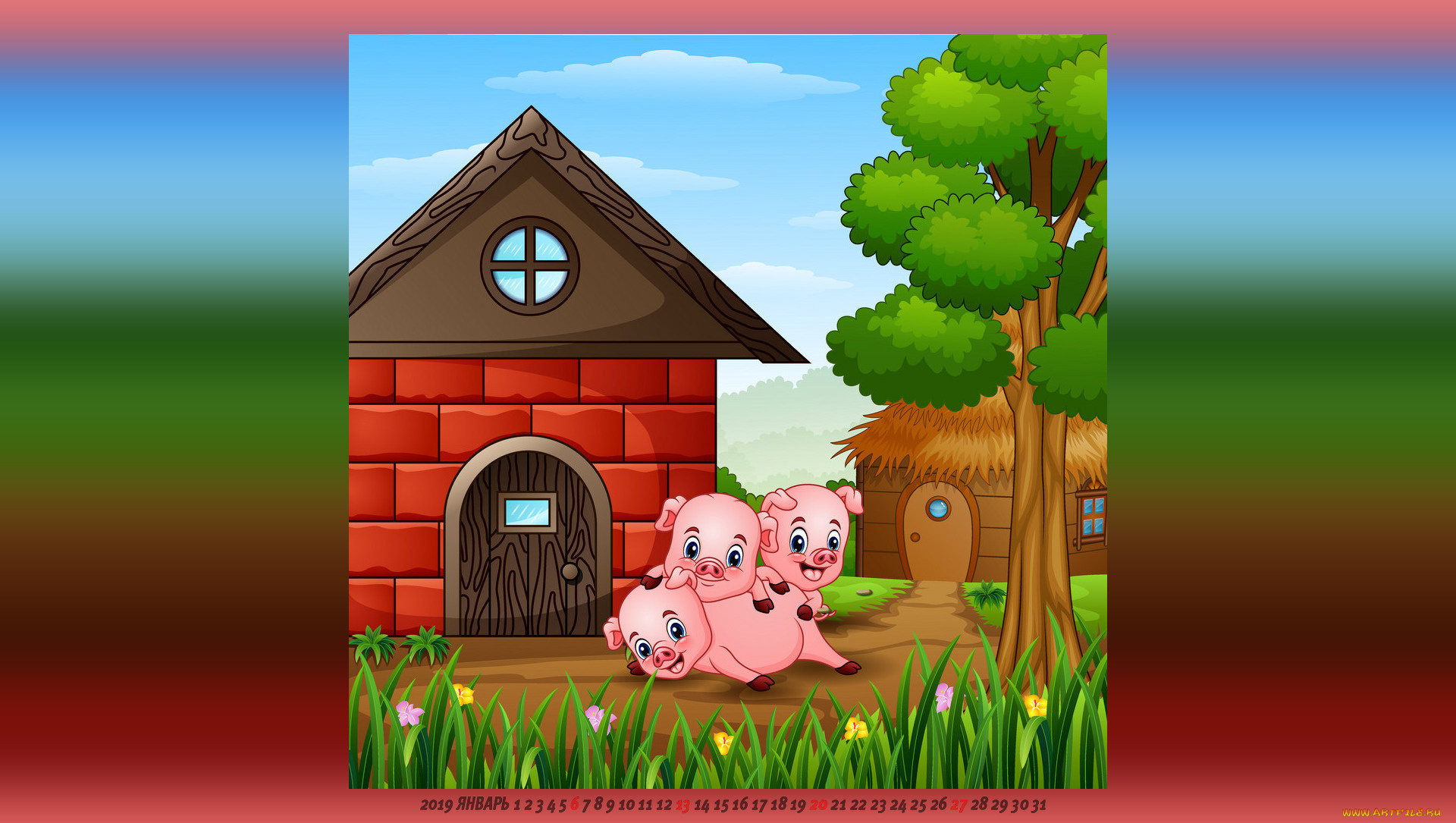календари, рисованные, , векторная, графика, дом, поросенок, дерево, цветы, свинья