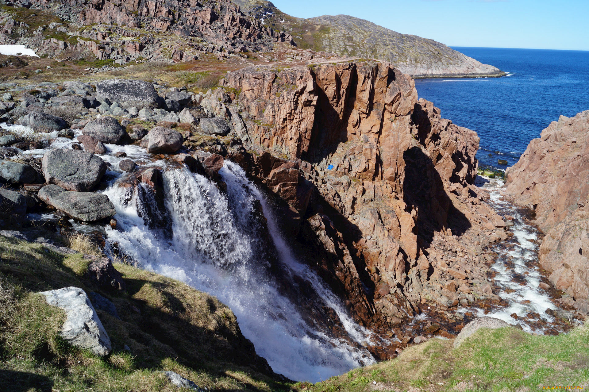териберский, водопад, природа, водопады, россия, водопад, териберский, скалы, берег, море, речка