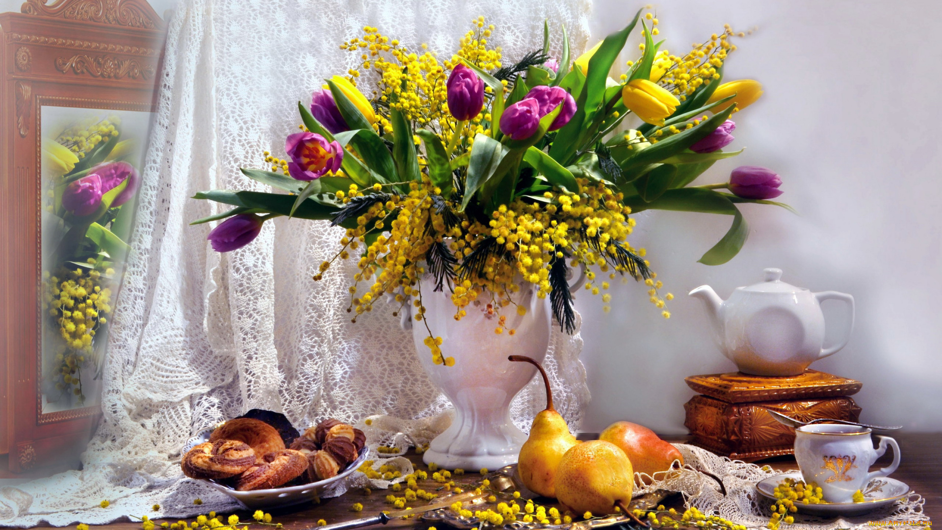 еда, натюрморт, букет, чай, сдоба, груши