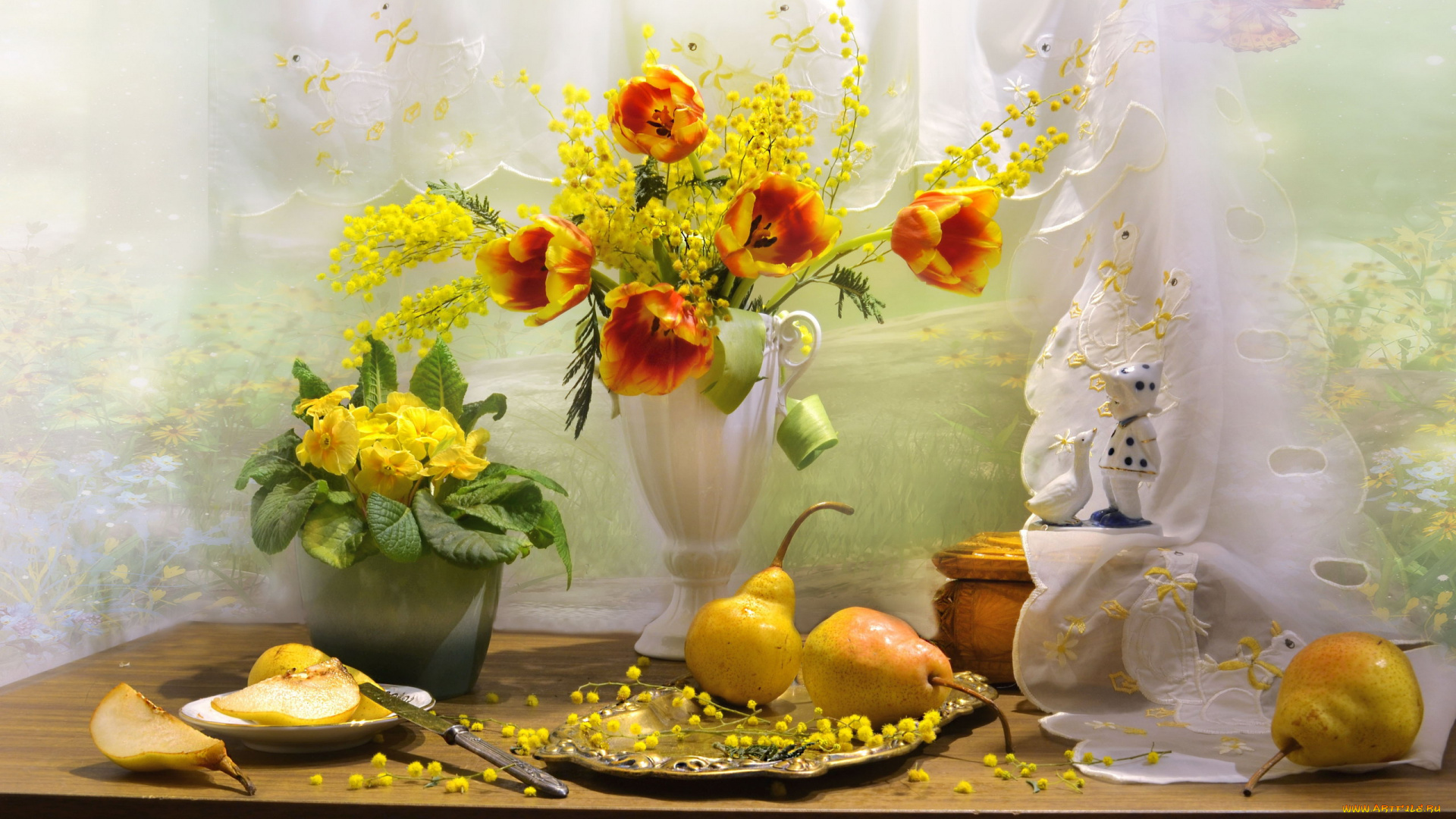 еда, натюрморт, букет, примула, груши