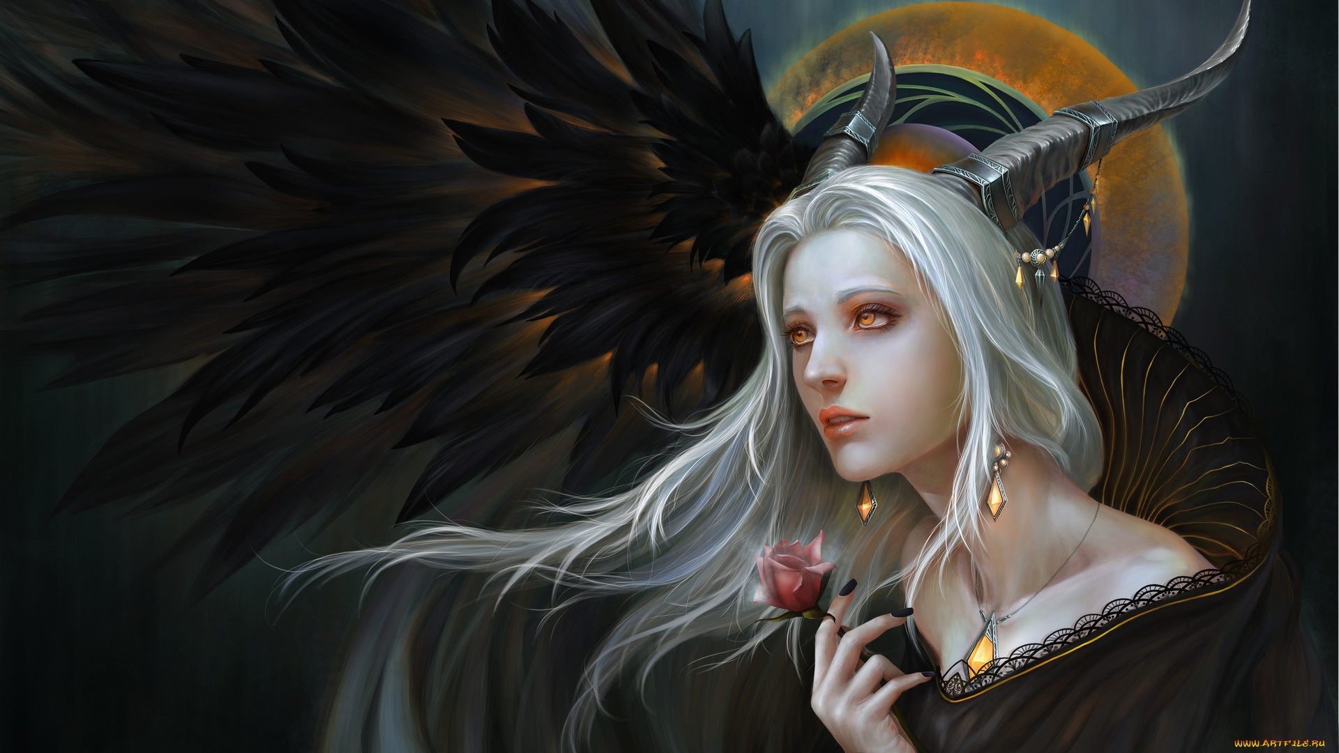 фэнтези, демоны, роза, девушка, рога