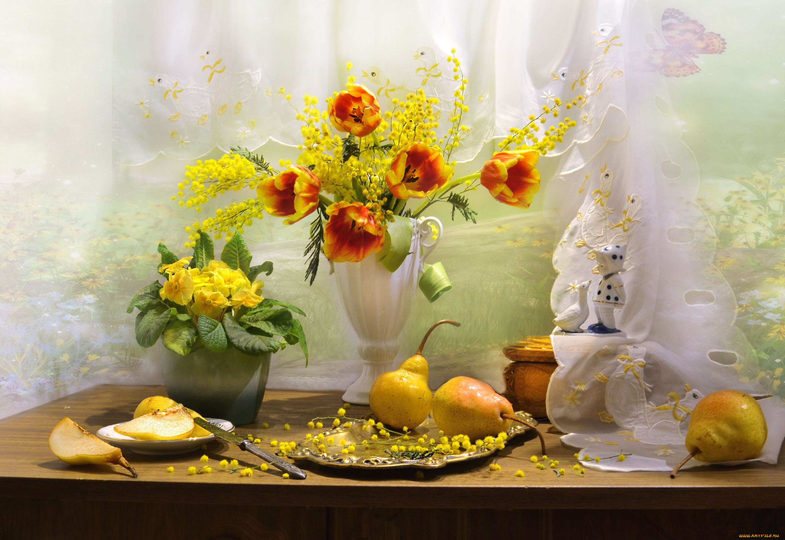 еда, натюрморт, букет, примула, груши