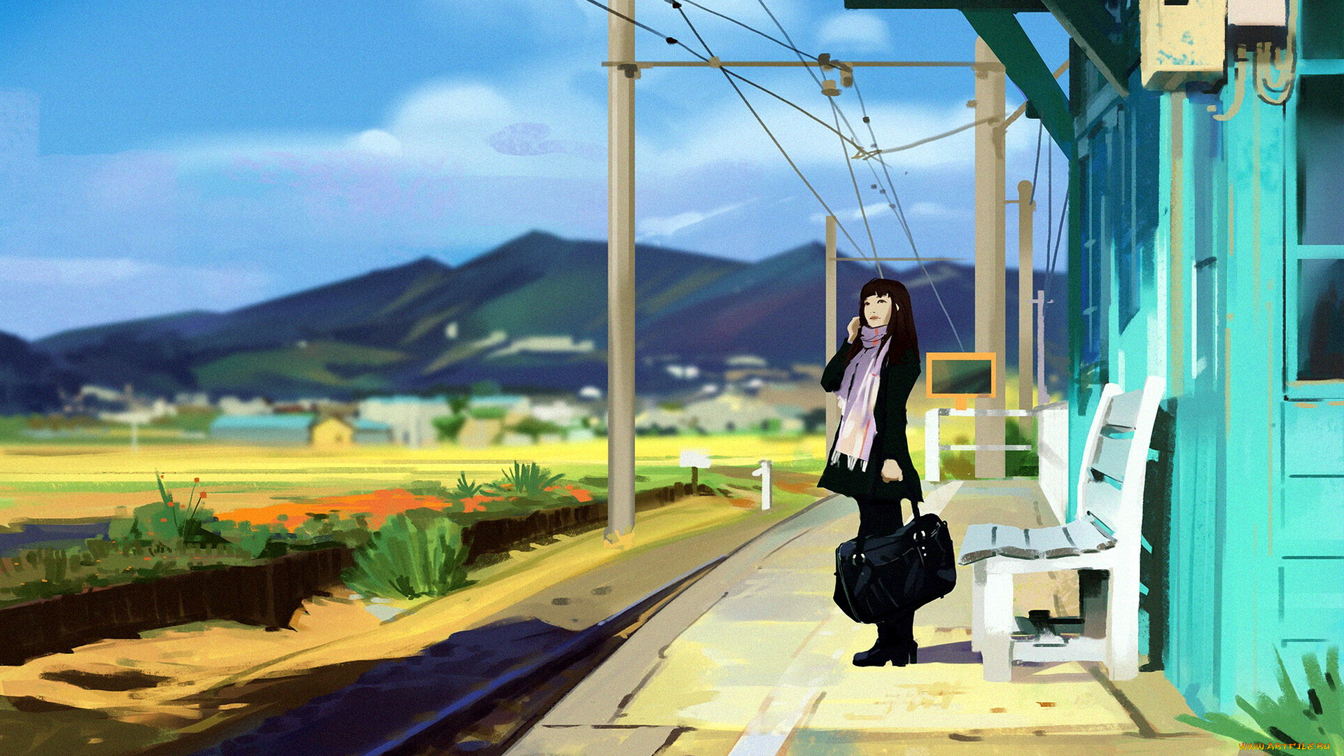 аниме, город, , улицы, , интерьер, , здания, девушка, сумка, станция, рельсы