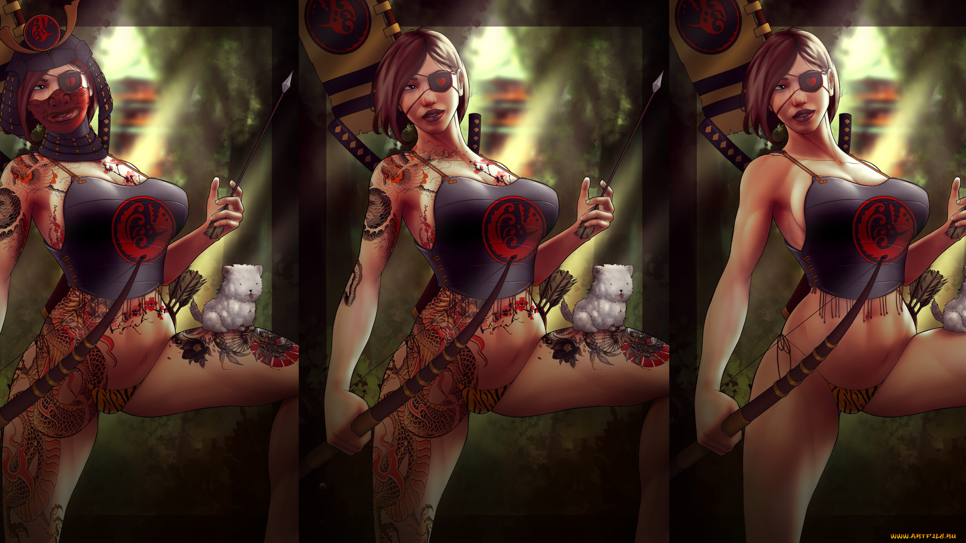 фэнтези, девушки, девушка, фон, маска, лук, тату