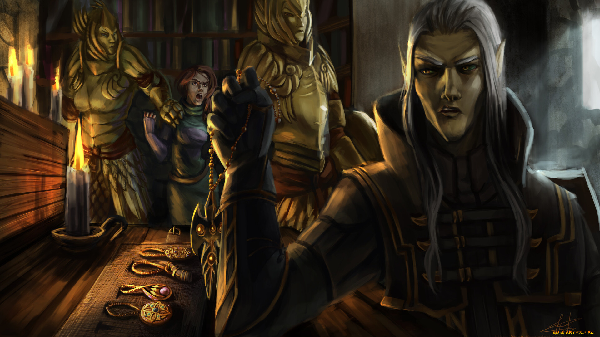 видео, игры, the, elder, scrolls, v, , skyrim, эльф, стража, амулеты, девушка, книги