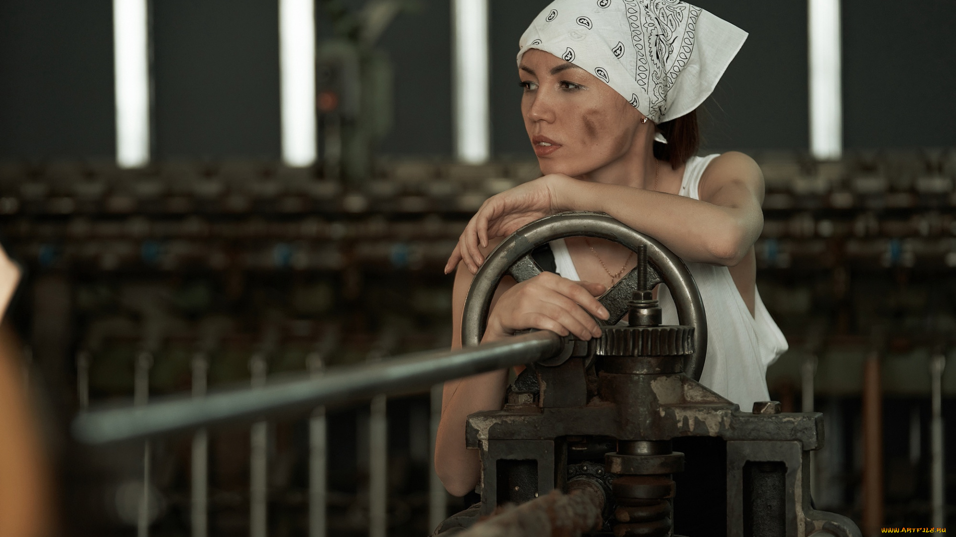 девушки, -, брюнетки, , шатенки, работница, косынка, грязь, станок