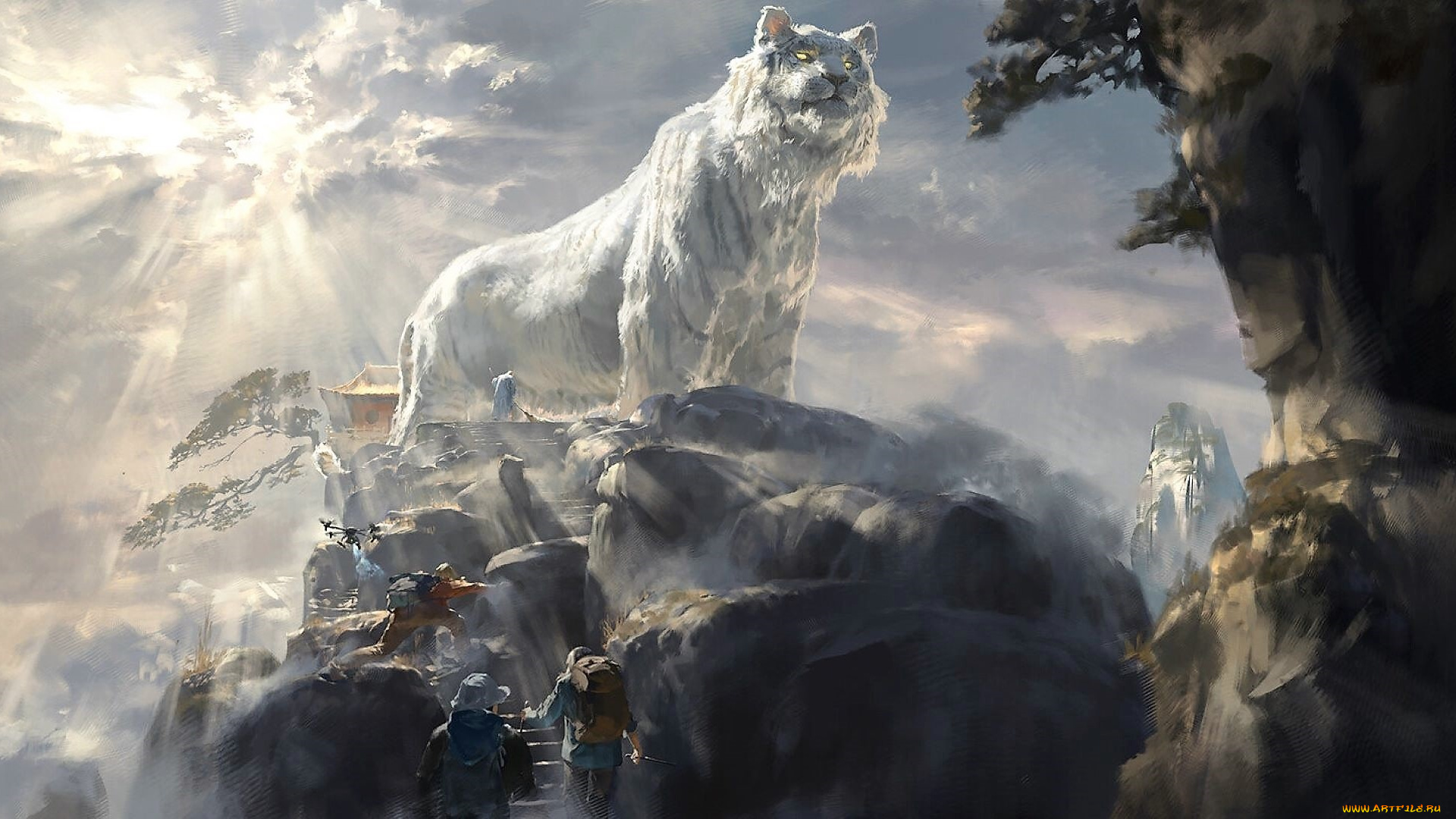 фэнтези, существа, тигр, белый, свет, скала, люди