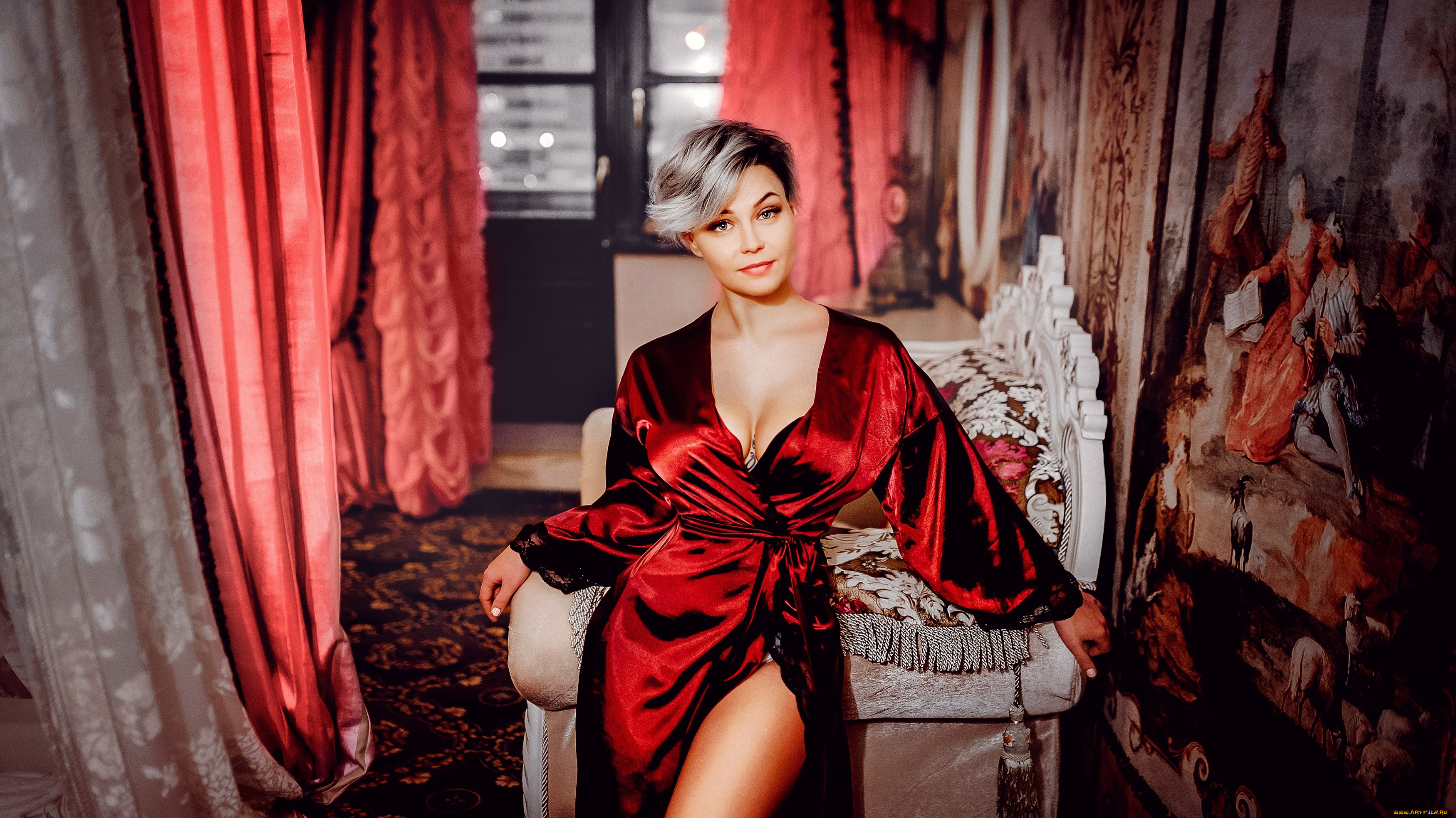 девушки, -, блондинки, , светловолосые, блондинка, халат, кресло, шторы