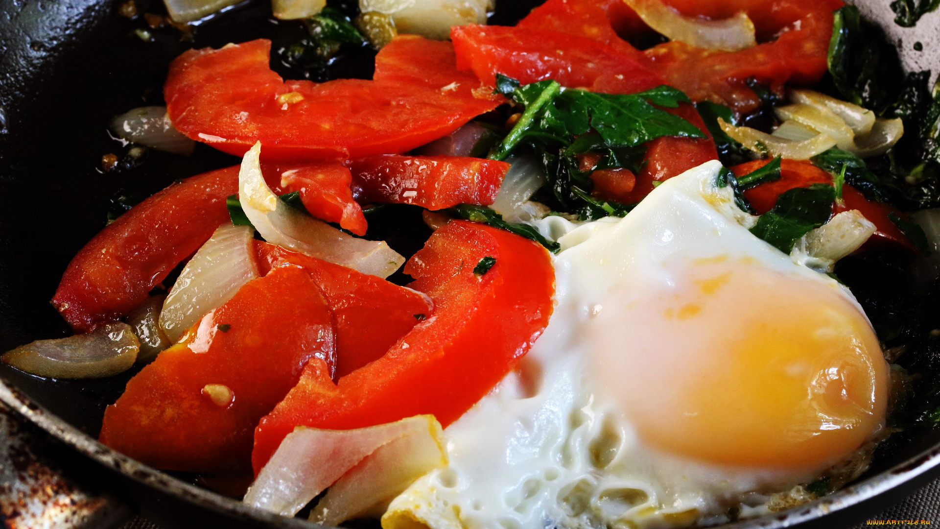 еда, яичные, блюда, глазунья, помидоры