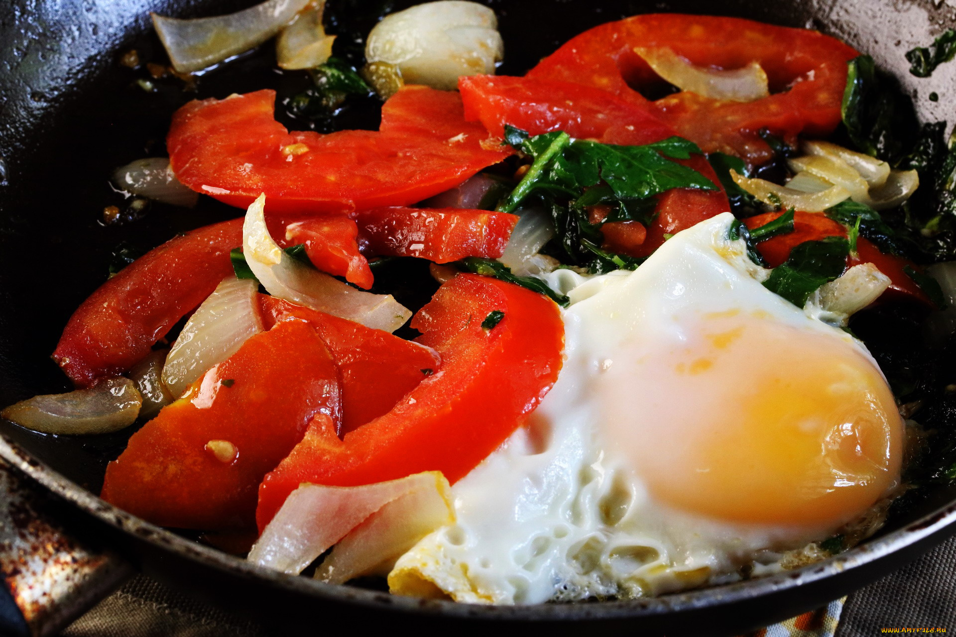 еда, яичные, блюда, глазунья, помидоры