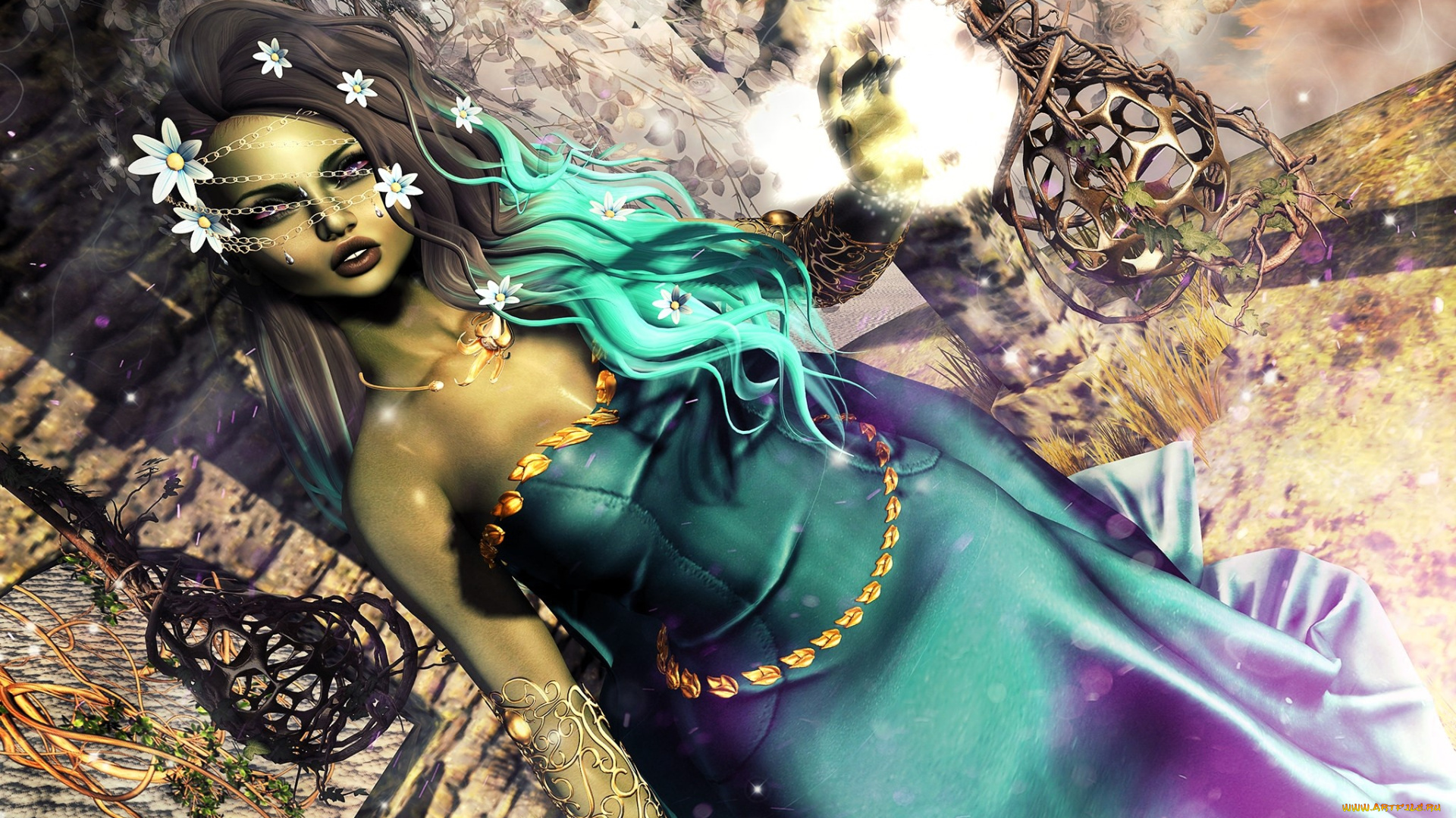 3д, графика, люди, , people, девушка, цветы, платье