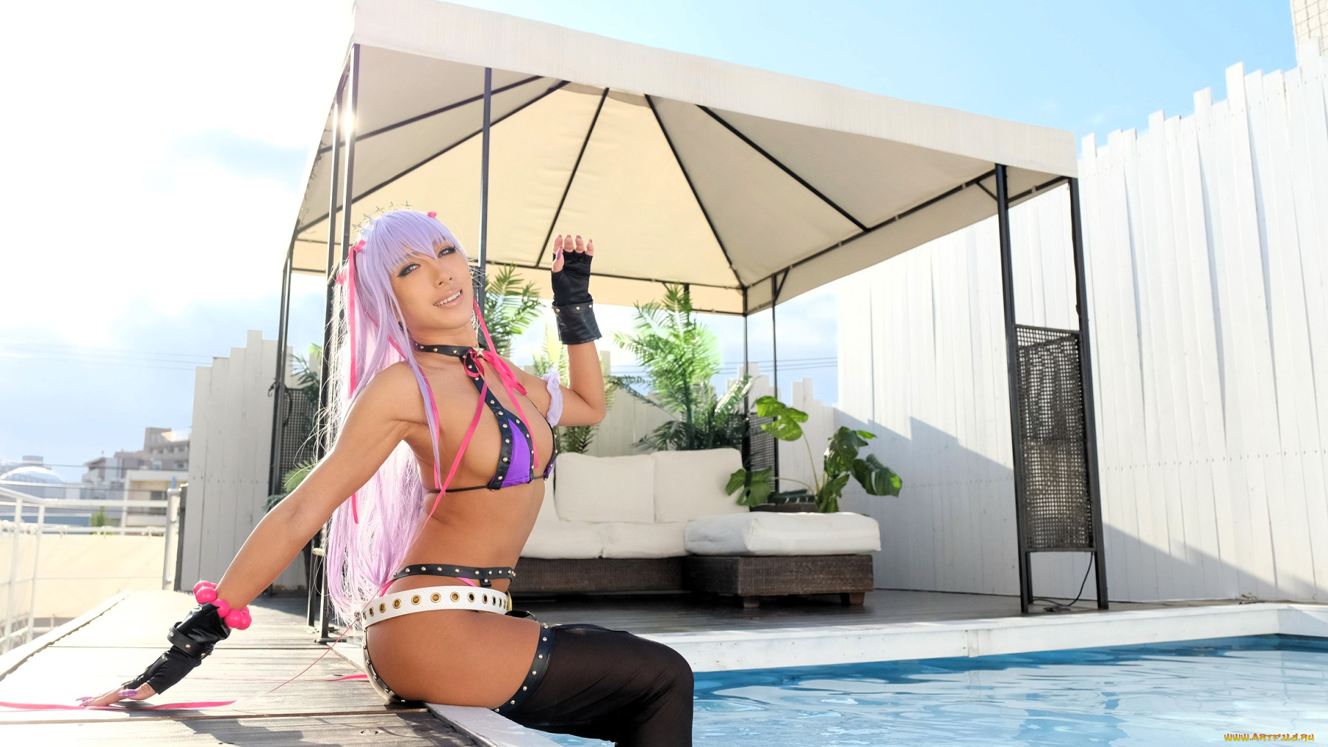 девушки, nonsummerjack, образ, наряд, перчатки, сапоги, бассейн, диван, навес