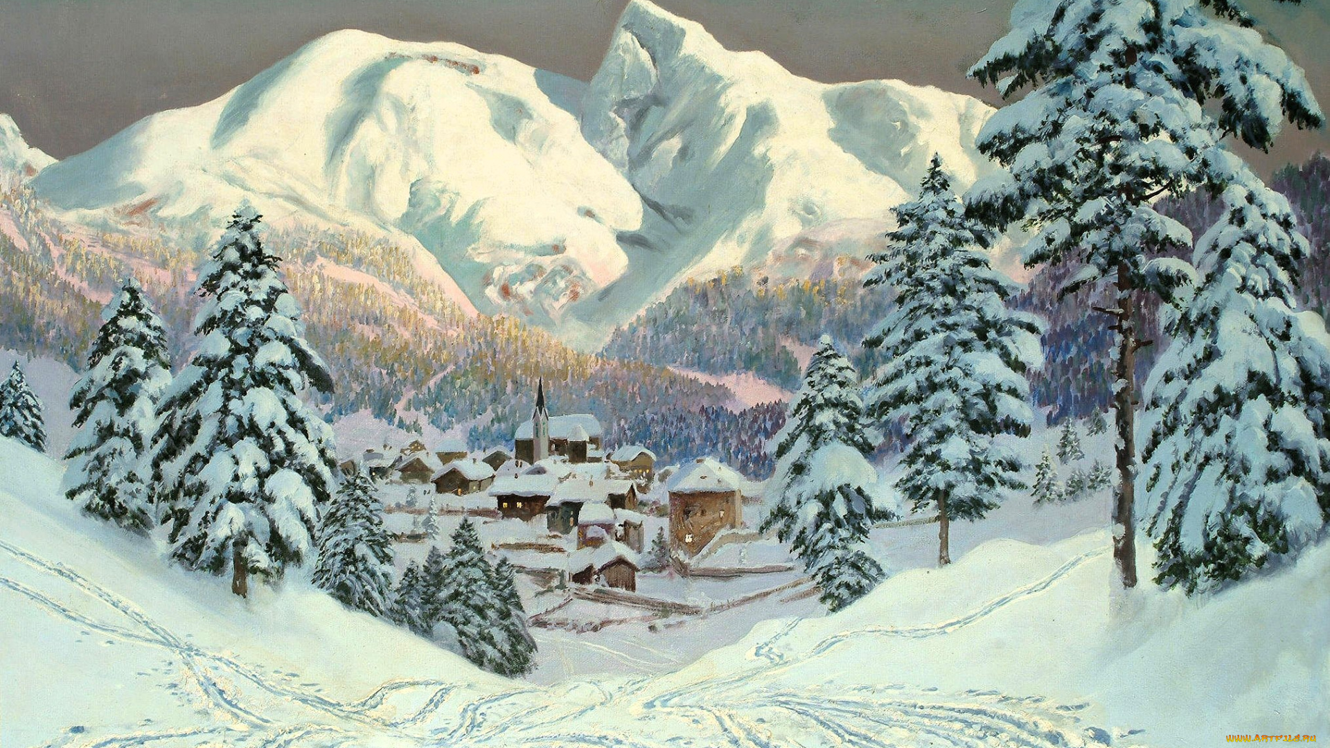 рисованное, alois, arnegger, горы, снег, лес, зима, дома, долина, следы