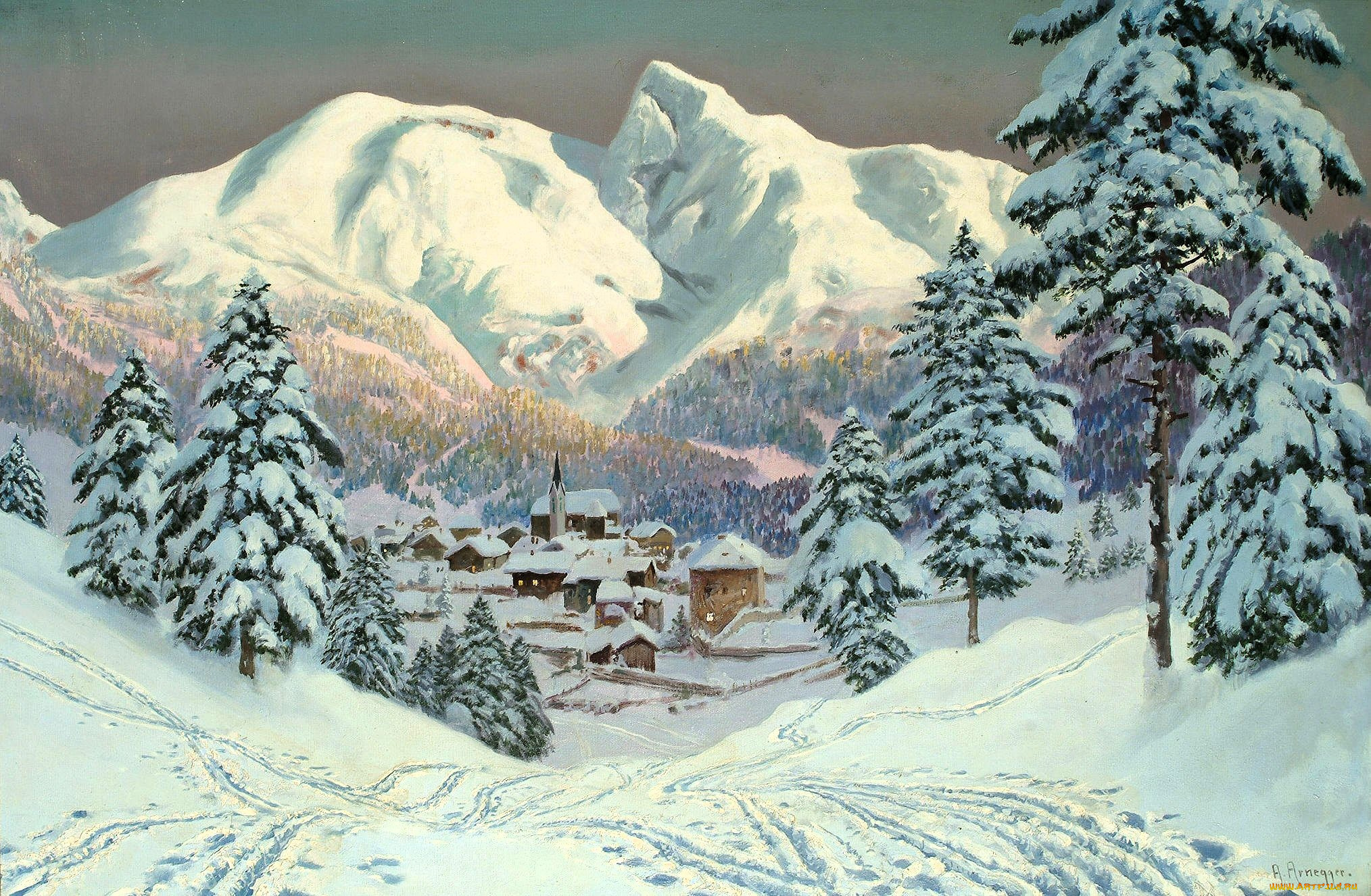 рисованное, alois, arnegger, горы, снег, лес, зима, дома, долина, следы