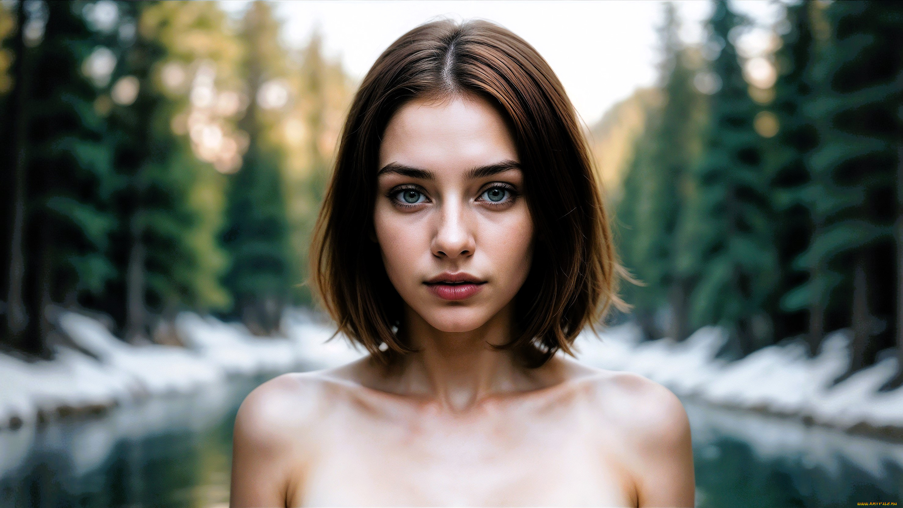 3д, графика, портреты, и, лица, , portraits, and, faсes, шатенка, лицо, река, снег, ёлки, лес