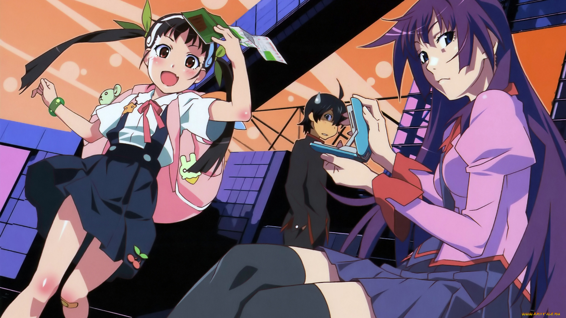 аниме, bakemonogatari, senjougahara, hitagi, девушка, форма, инструменты, степлер, araragi, koyomi, мужчина, hachikuji, mayoi, книга, портфель, бант, здания, небо