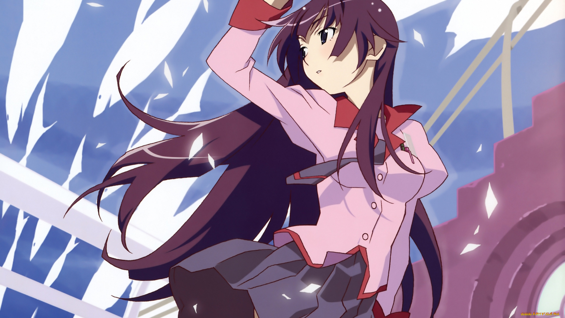 аниме, bakemonogatari, senjougahara, hitagi, девушка, форма, небо, облака, лестница