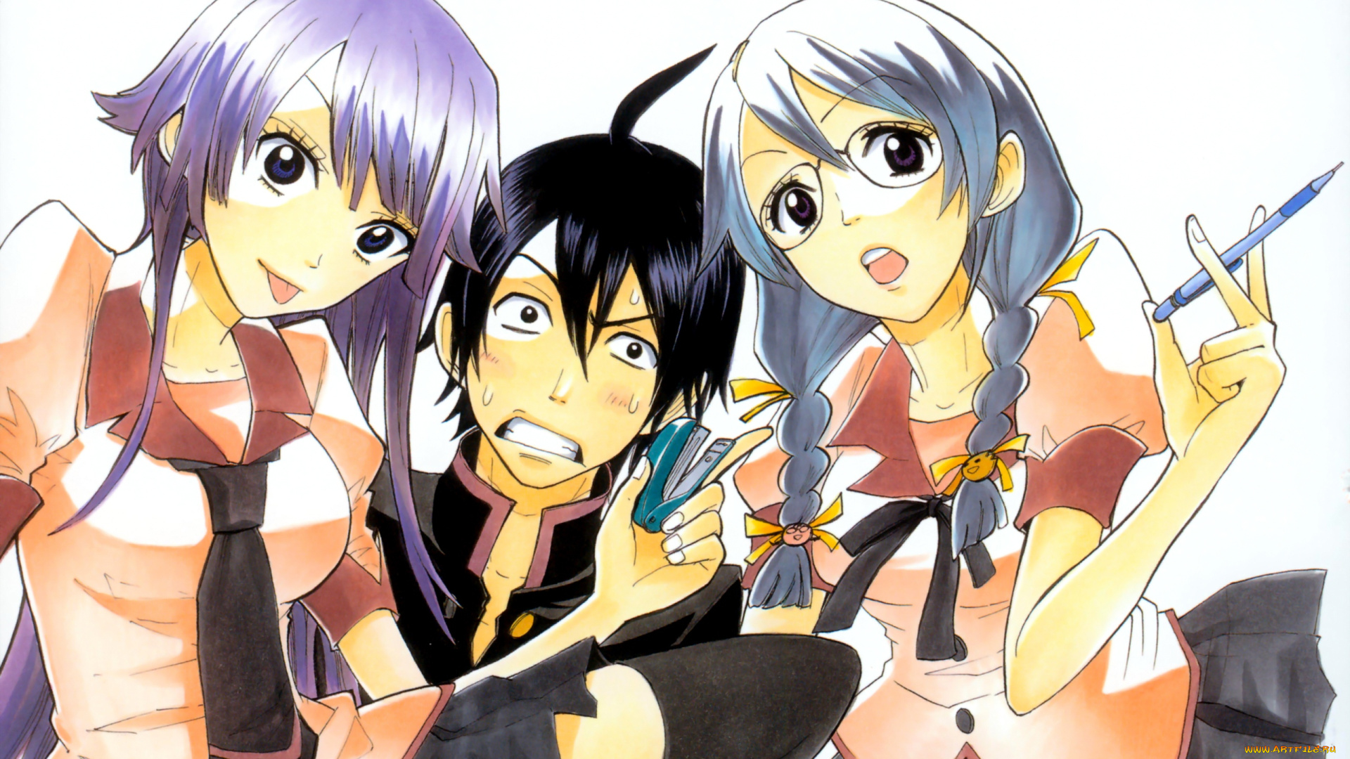 аниме, bakemonogatari, senjougahara, hitagi, девушка, форма, инструменты, степлер, hanekawa, tsubasa, косички, очки, araragi, koyomi, мужчина